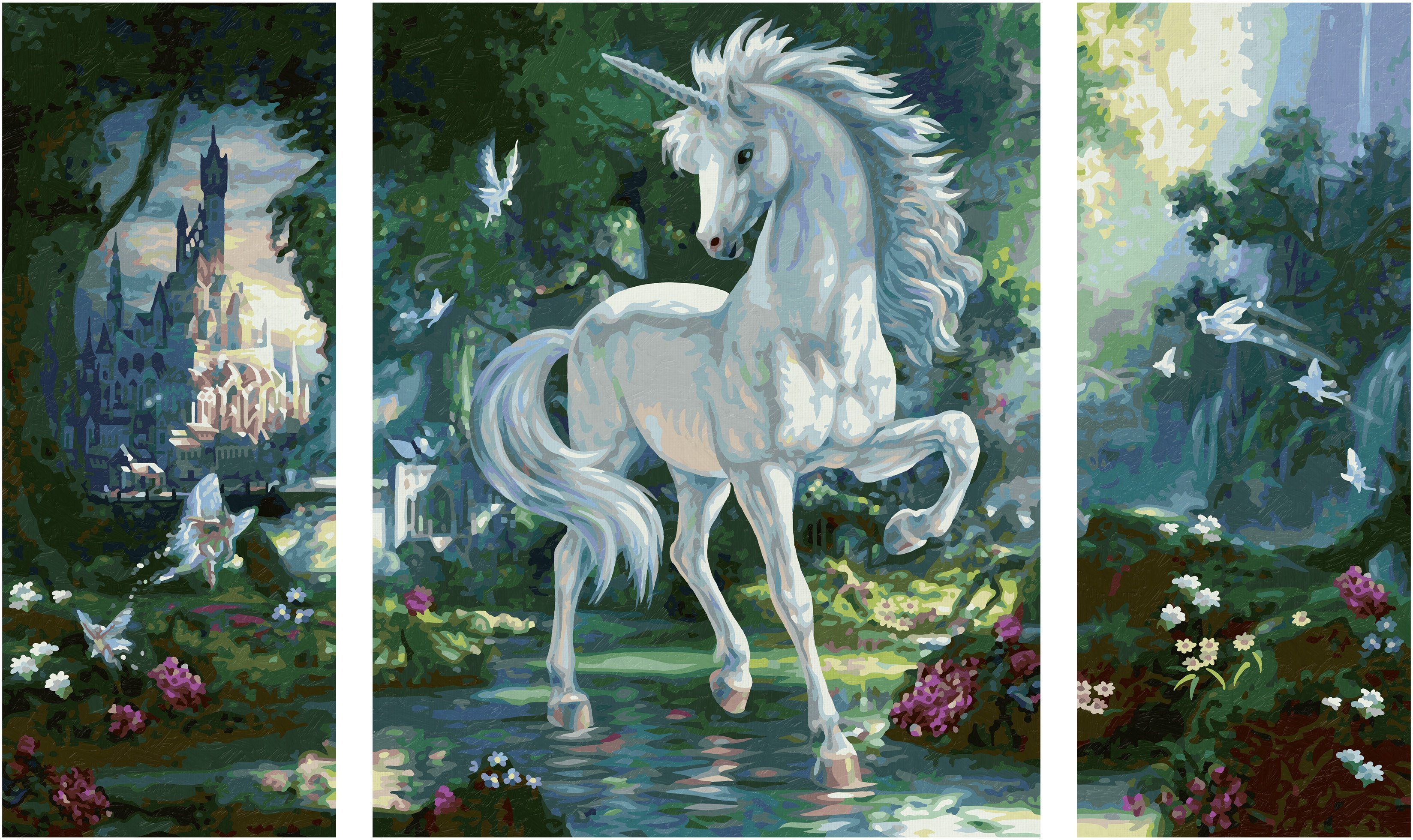 Schipper Malen nach Zahlen Meisterklasse Triptychon - Einhorn Zauberwald, Made in Germany