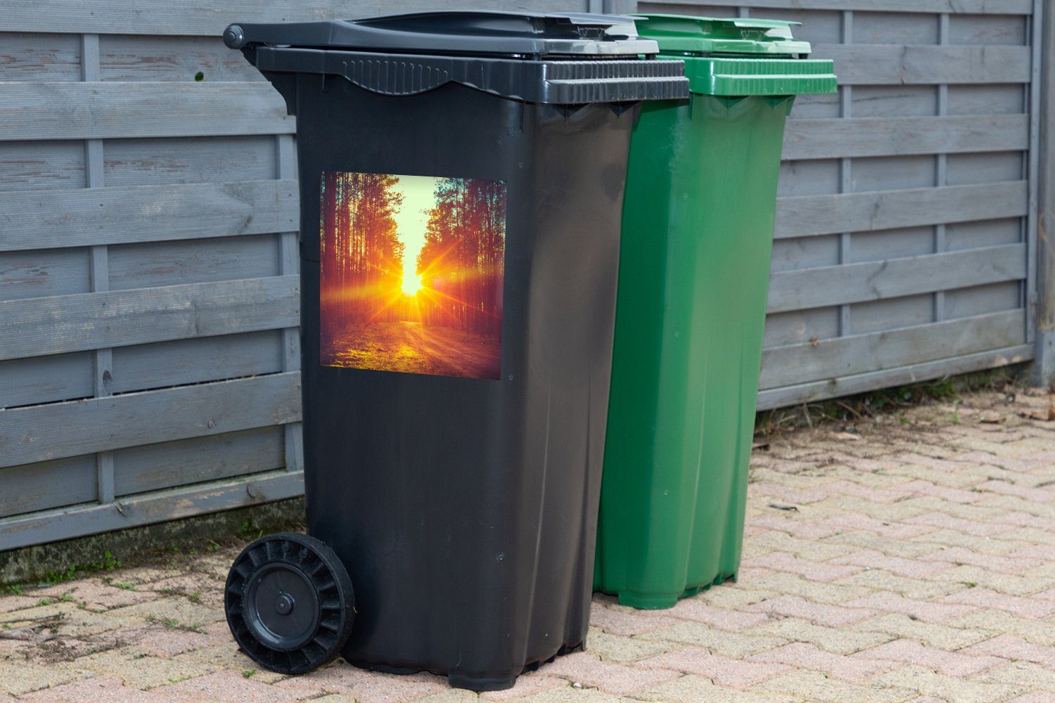 Abfalbehälter Container, Natur MuchoWow Sticker, - Sonnenuntergang - Mülltonne, Bäume Wald (1 St), Wandsticker Mülleimer-aufkleber, -