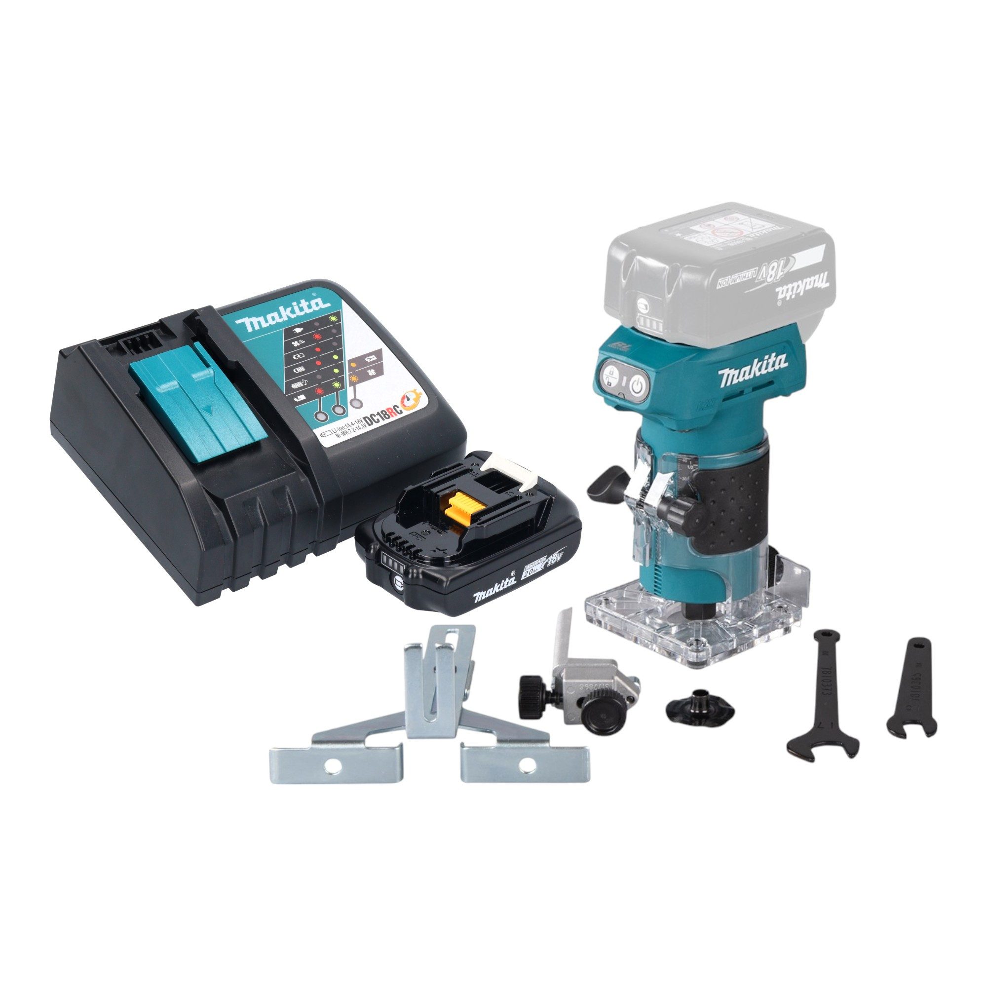Makita Oberfräse DRT 52 RA1 18 V 6 mm Brushless + 1x Akku 2,0 Ah + Ladegerät