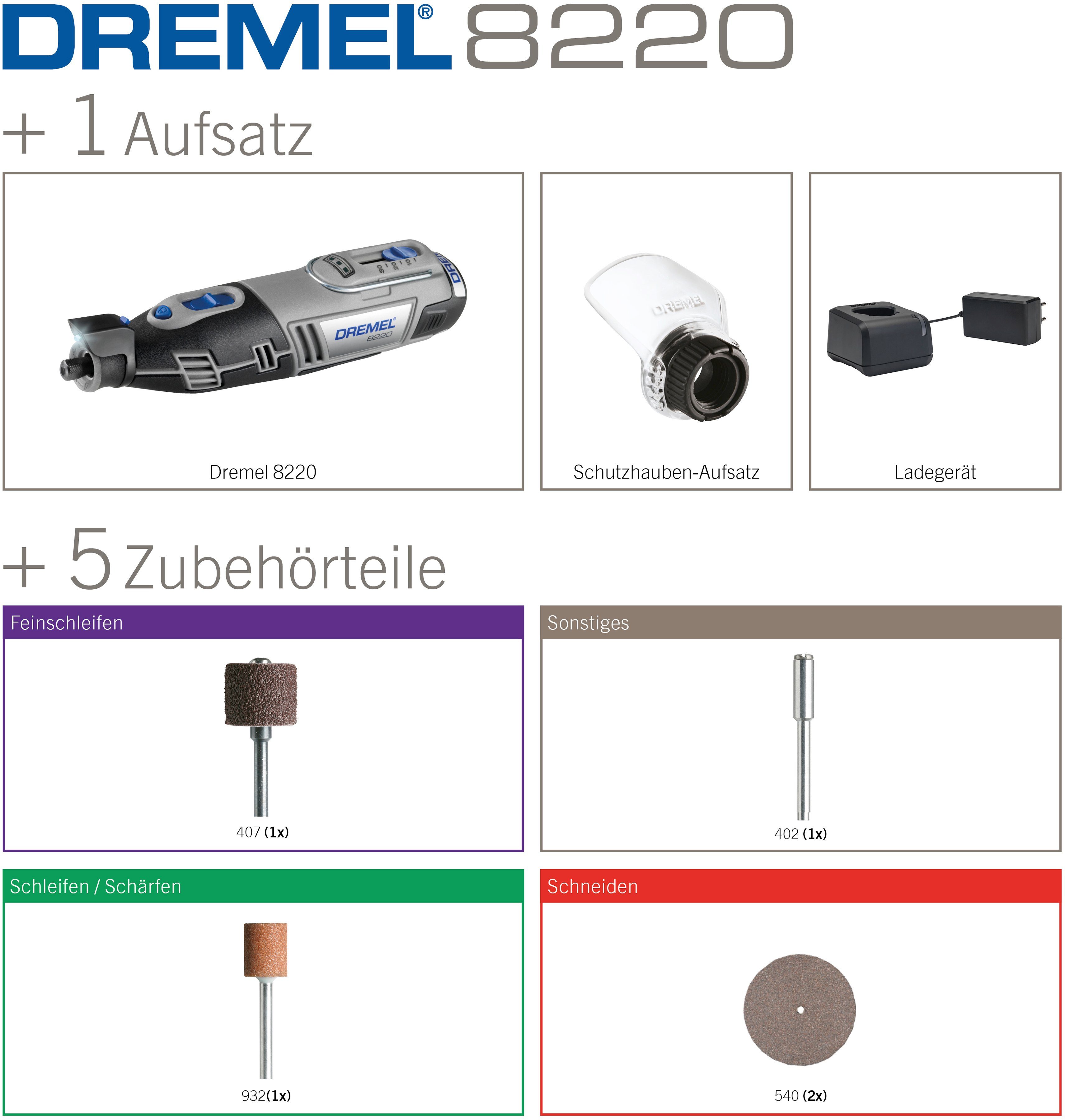 DREMEL Akku-Multifunktionswerkzeug DREMEL® 8220-1/5, 12 V, 1x Vorsatzgerät,  5x Zubehör, inkl. 12V Akku und Ladegerät