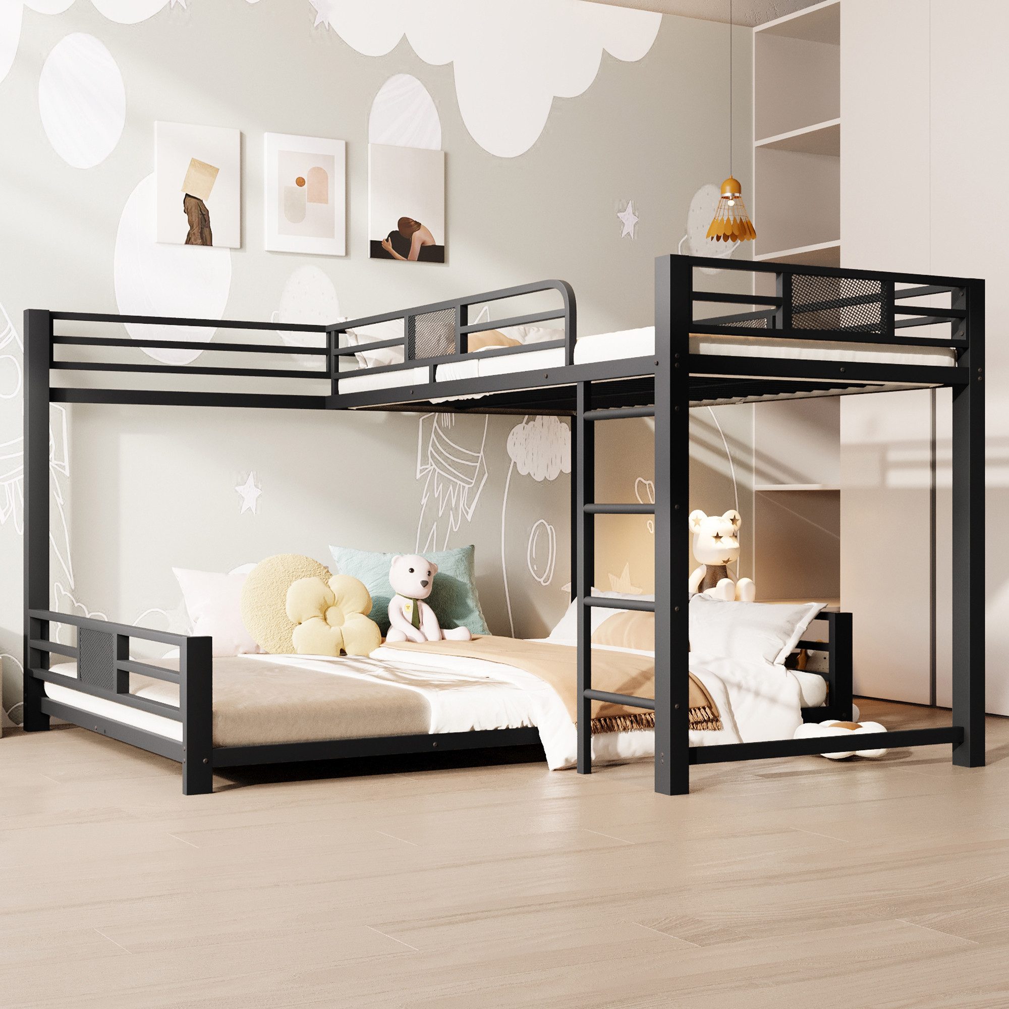 Merax Etagenbett 90x200cm/140x200cm in L-Form (Stockbett Jugendbett Mehrzweckbett, 1-St), Metallbett Doppelbett Kinderbett mit Stauraum, Leiter und Schutzzaun