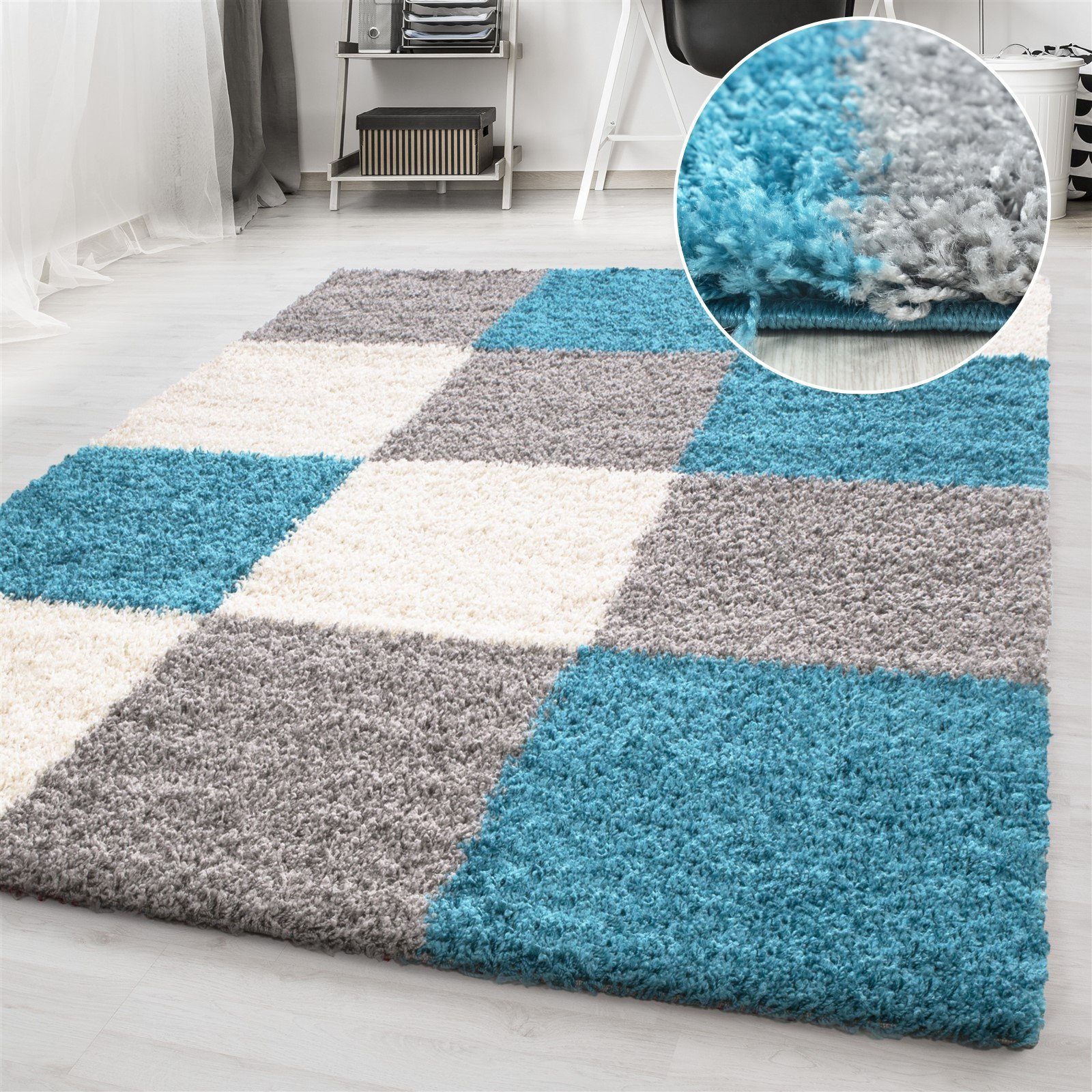 Hochflor-Teppich Hochflorteppich Langflor kariert Shaggy Wohnzimmer, Miovani, Höhe: 30 mm Türkis