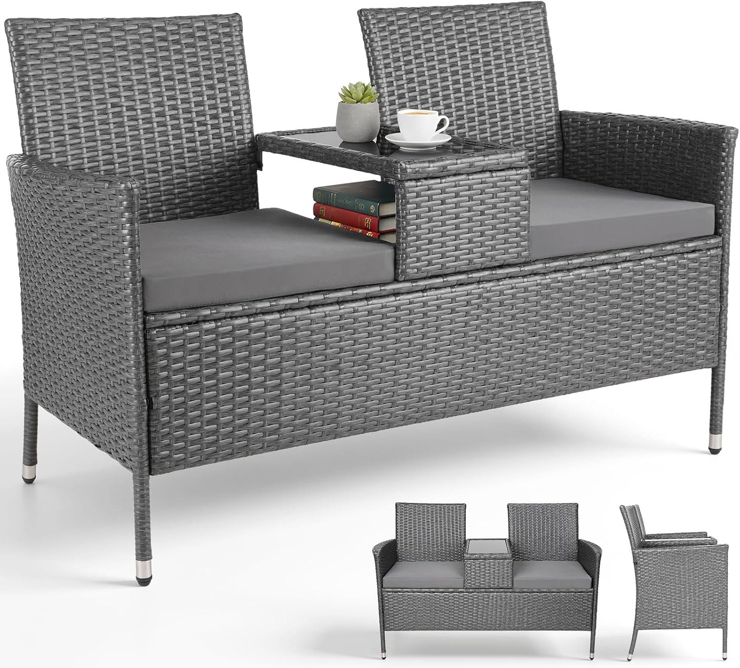 TLGREEN Balkonset Polyrattan Gartenbank 2er Set, (Wetterfest UV-beständig Rattan Sofa Outdoor, mit Tisch & Weichen Sitzkissen), Balkonmöbel für Kleinen Balkon/Terrasse/Garten