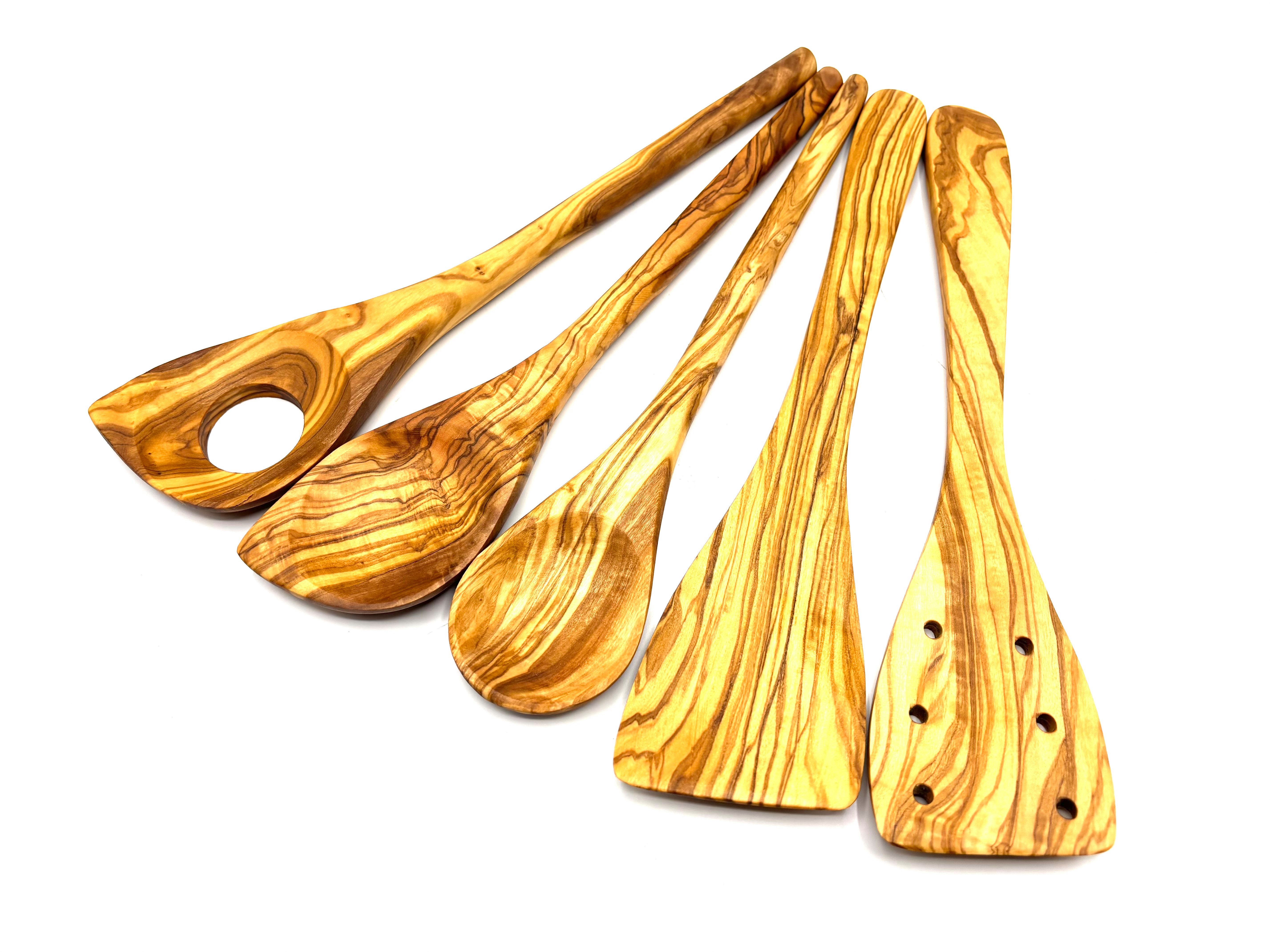 Olivenholz-erleben Kochbesteck-Set aus naturbelassenem Olivenholz (Set, 5-tlg., Kochlöffel ohne/mit Ecke, Pfannenwender mit/ohne Löcher, Salatbesteck), Schonend zu Pfannen & Töpfen, geschmacksneutral