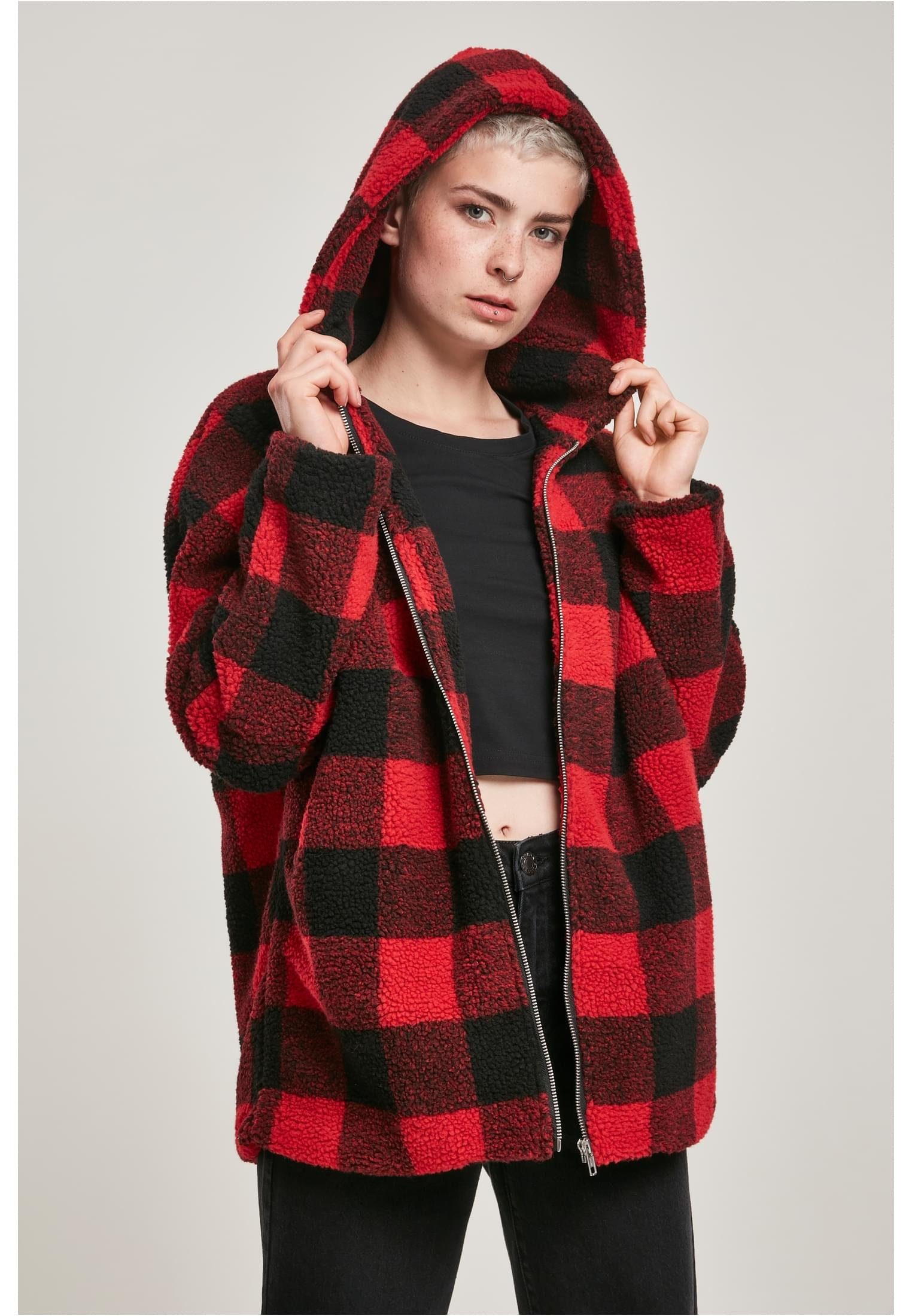 Ladies Damen Sherpa Winterjacke (1-St) Oversized CLASSICS Hooded Check firered/black Jacket URBAN