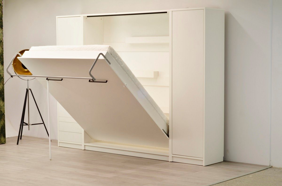 QMM TraumMöbel Schrankbett Wandbett modern vertikal GN 160 x 200 mit LED weiß congo eiche (Möbelstück, 1-St., Schrankbett vertikal 160x200) vertikal klappbar