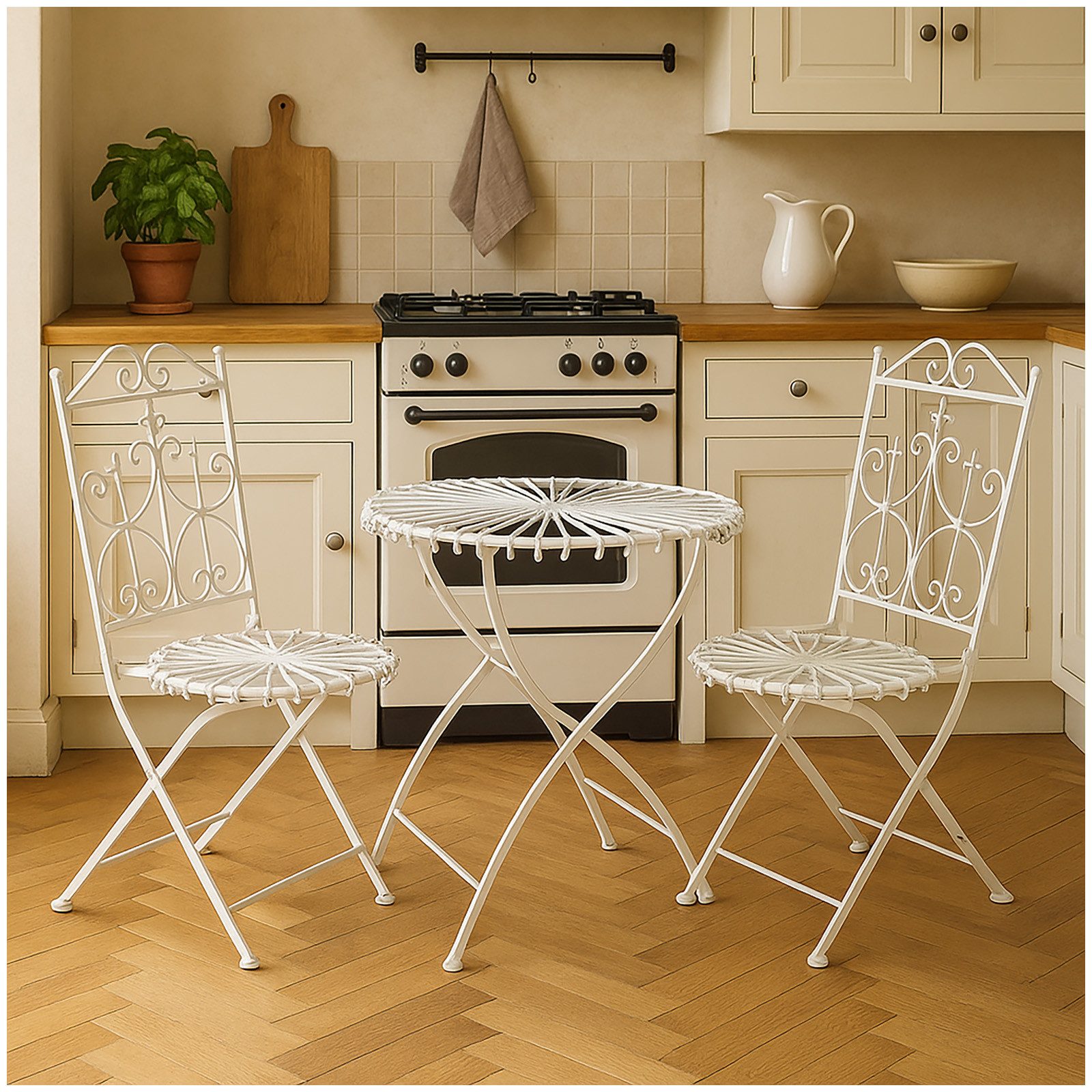 HTI-Living Küchentisch Essgruppe 3-teilig Weiß Romantic Garden (Set, 3-St., 1x Tisch, 2x Stühle), Sitzgruppe Metall