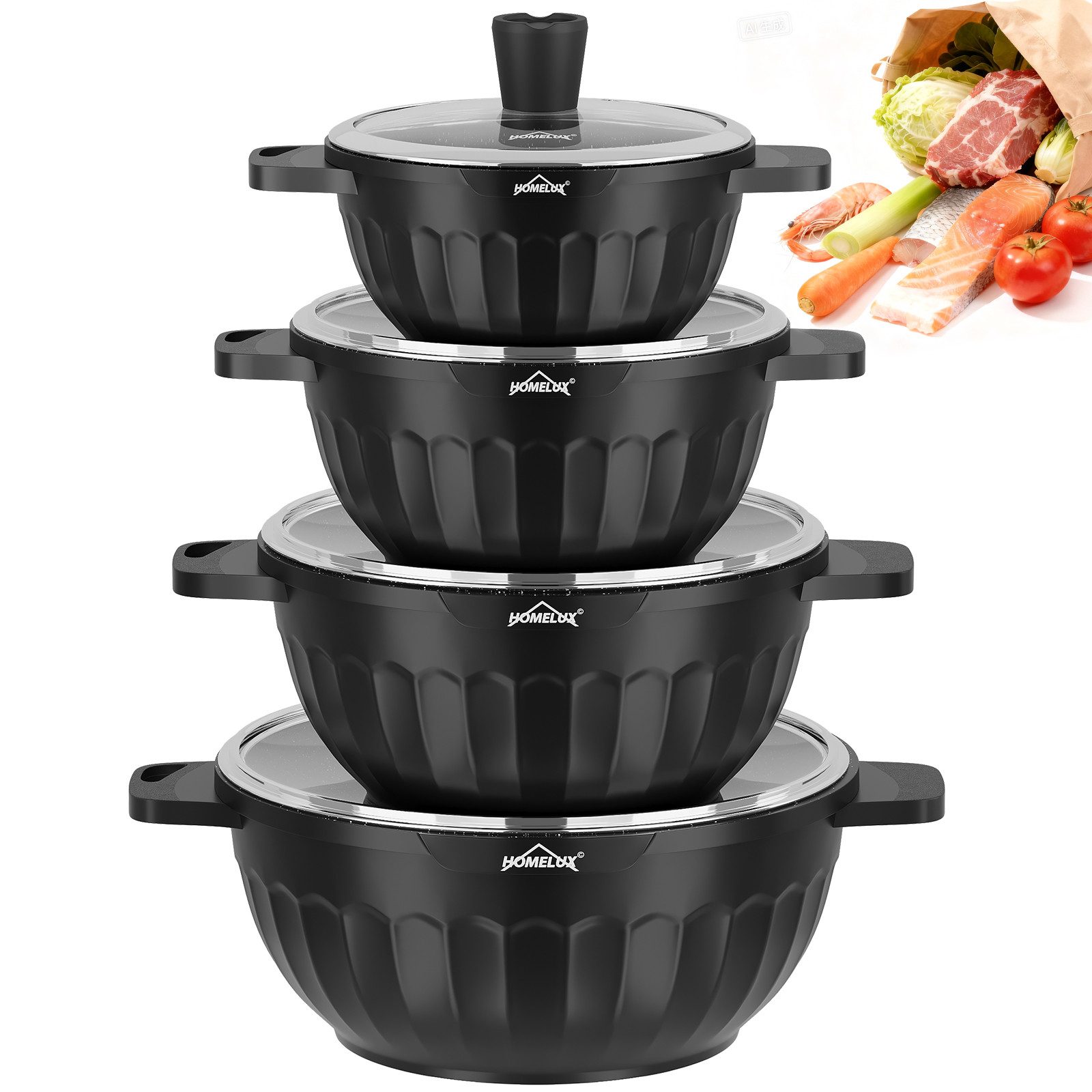 HOMELUX Topf-Set 8-tlg Kochtopf Set Induktions 20/24/28/32cm Töpfe Set mit Deckel, Aluminium (Kochtöpfe Induktions für Alle Herdarten), Induktion, Antihaft-beschichtung