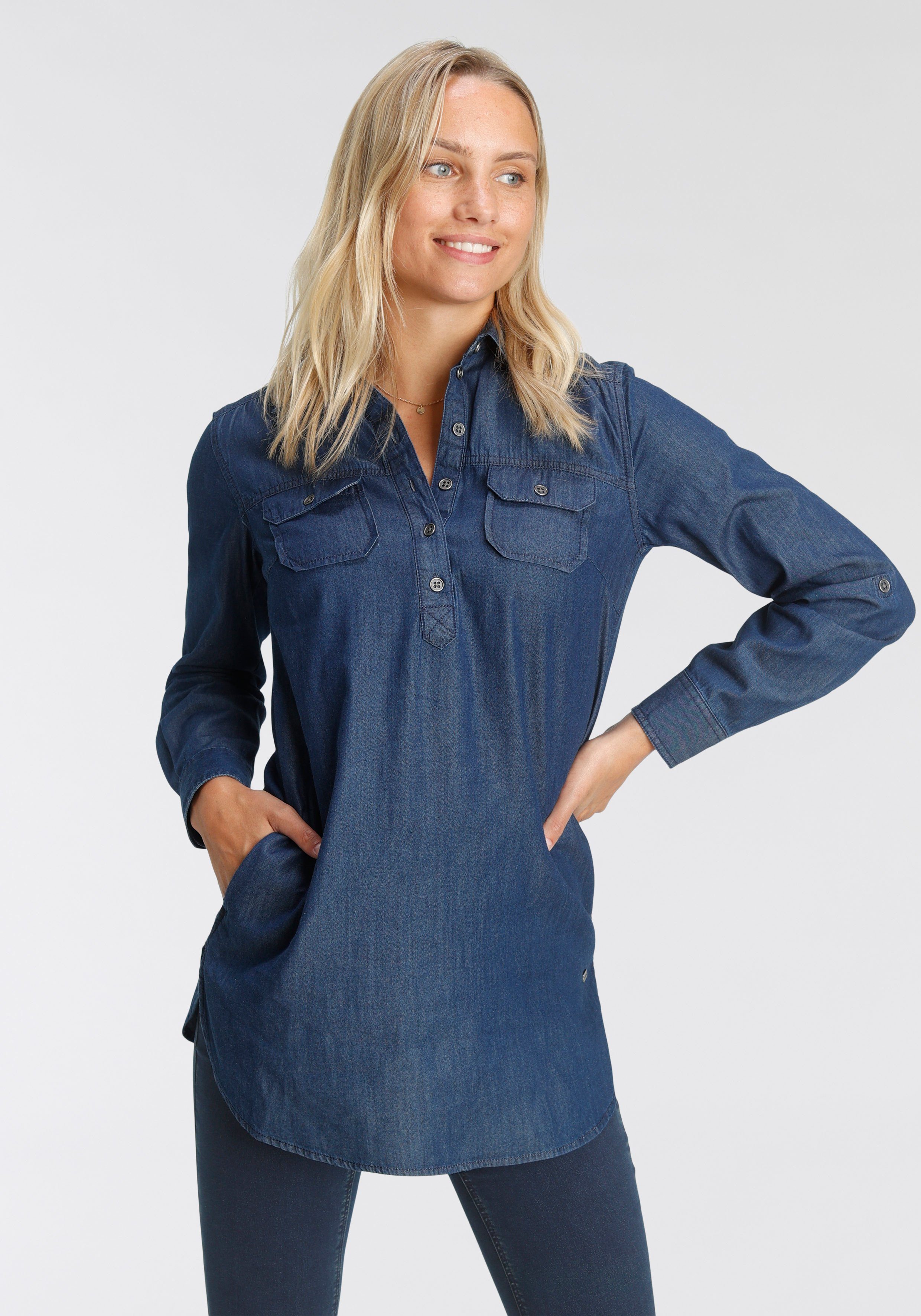 Jeansbluse Krempelärmel mit Riegel