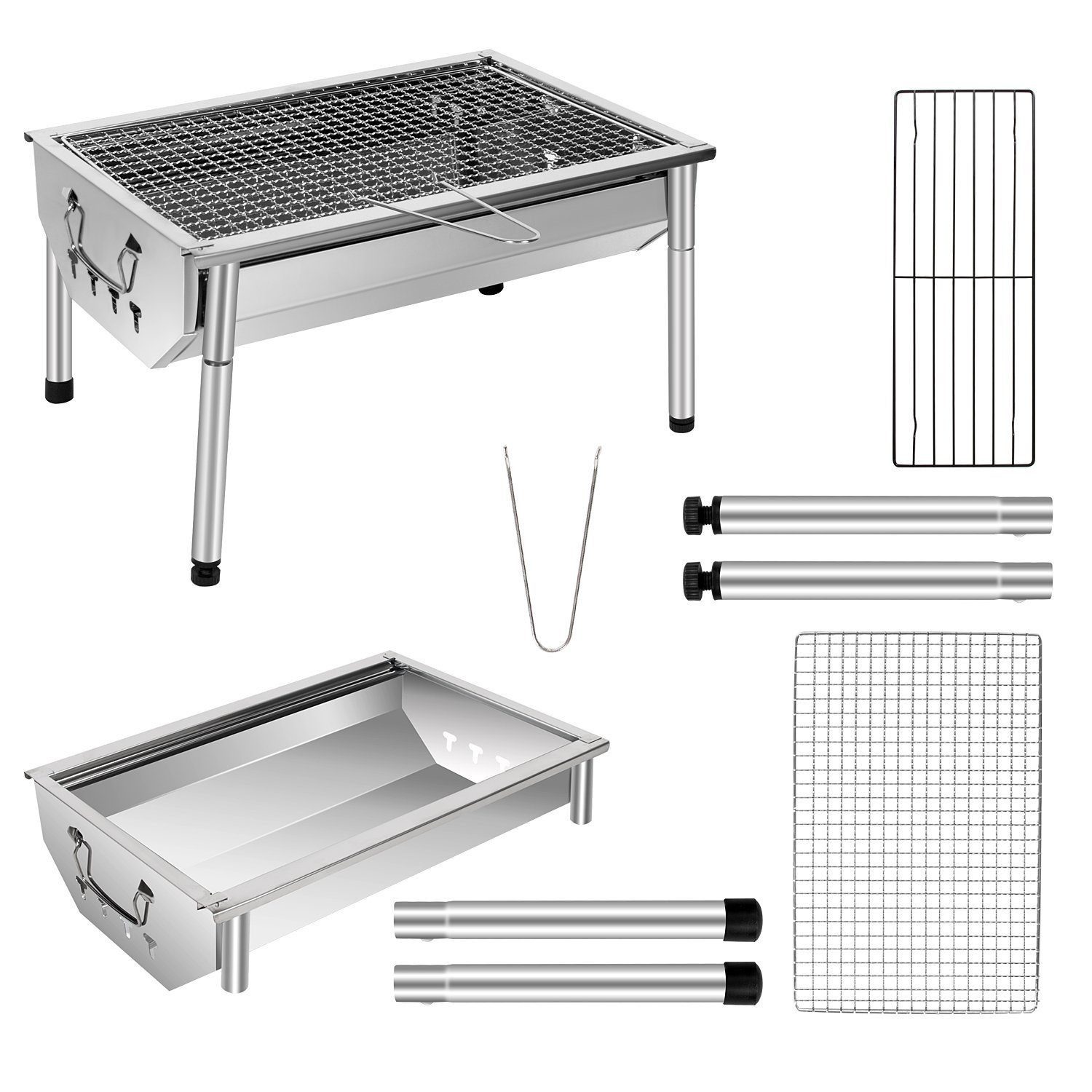 SunJas Holzkohlegrill CA-09C Edelstahl Holzkohlegrill Campinggrill Grillfläche:40x 27cm, BBQ Grill Tischgrills Picknickgrill für 3 bis 5 Personen