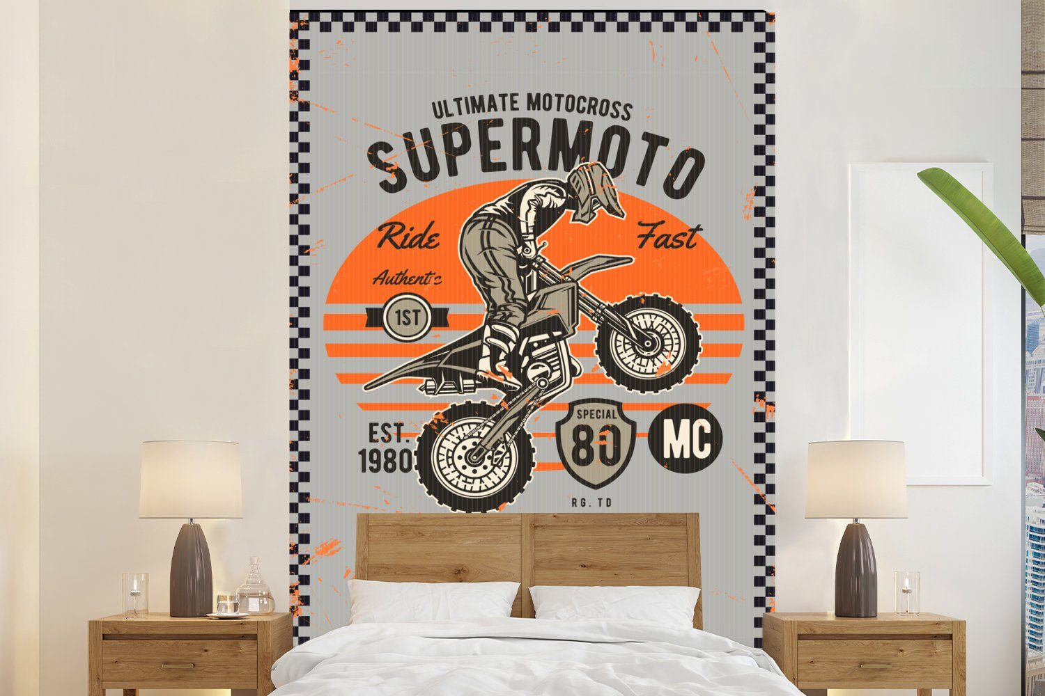 Vinyl Fototapete - MuchoWow Wandtapete Tapete Motocross Retro, Wohnzimmer, bedruckt, Montagefertig für Motor - Mancave (3 Matt, St), -