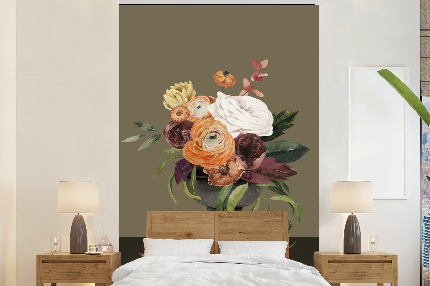 MuchoWow Fototapete Aquarell - Blumen - Stilleben, Matt, bedruckt, (3 St), Montagefertig Vinyl Tapete für Wohnzimmer, Wandtapete