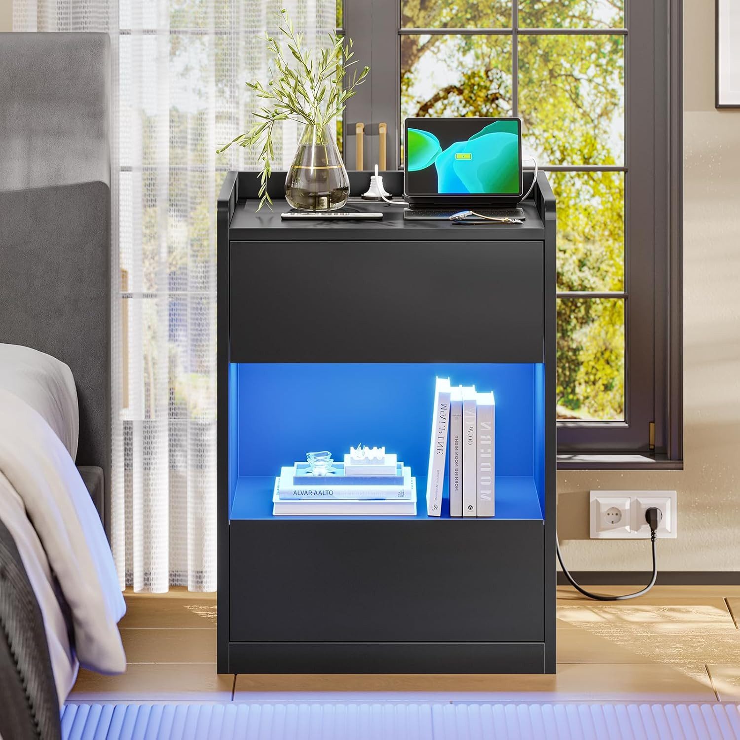 MSMASK Nachttisch mit LED-Beleuchtung und Ladestation, 40x35x60cm (1-St), Nachtschrank mit viel Stauraum