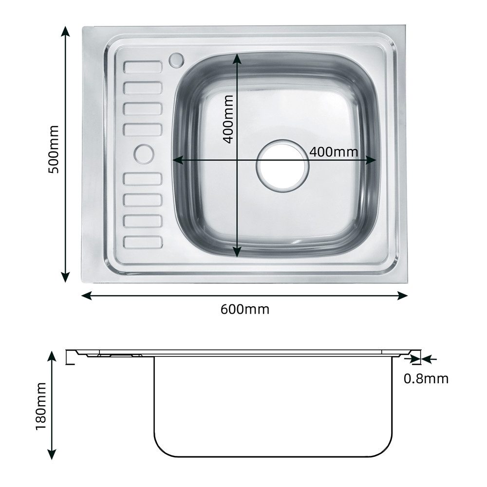 Mucola stainless steel sink 60x50cm, built-in rectangular sink with drainer, kitchen sink, rectangular, 60/50 cm, (piece), anti-condensation coating