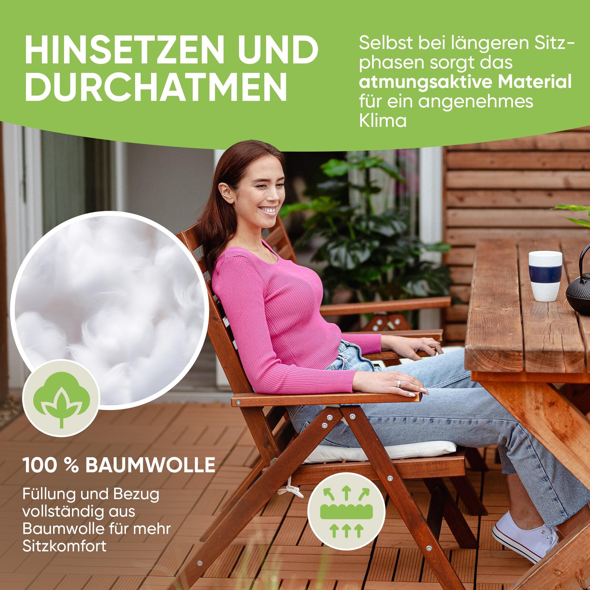 Gräfenstayn Stuhlkissen Sitzkissen 40x40cm Haltebänder Indoor Outdoor, robustes Sitzkissen für Indoor & Outdoor, mit Haltebändern