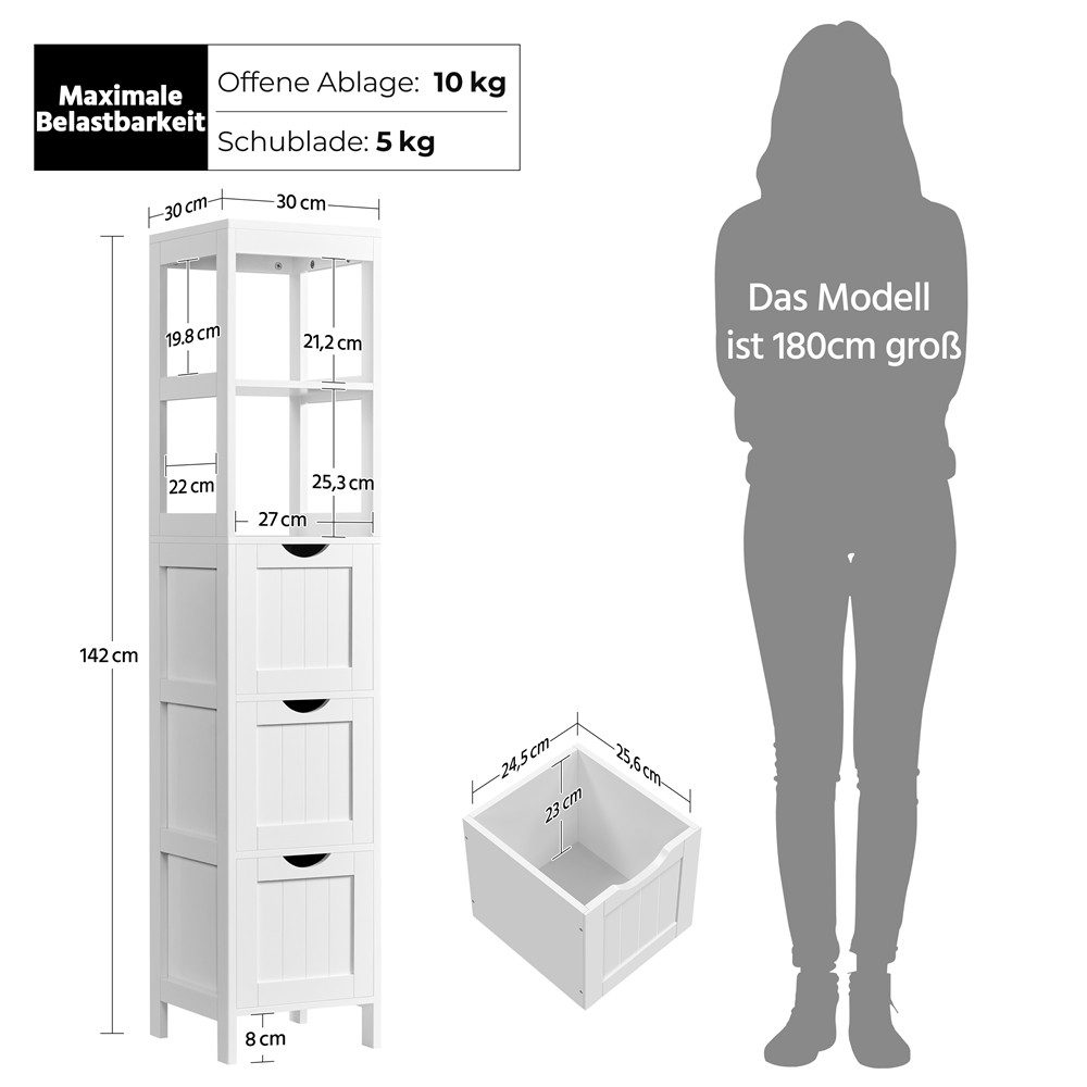 Yaheetech Hochschrank Badezimmerschrank mit 3 Schubladen & 2 Ablagefächern platzsparender Aufbewahrungsschrank, 30 × 30 × 142 cm – Bild 4 von 5