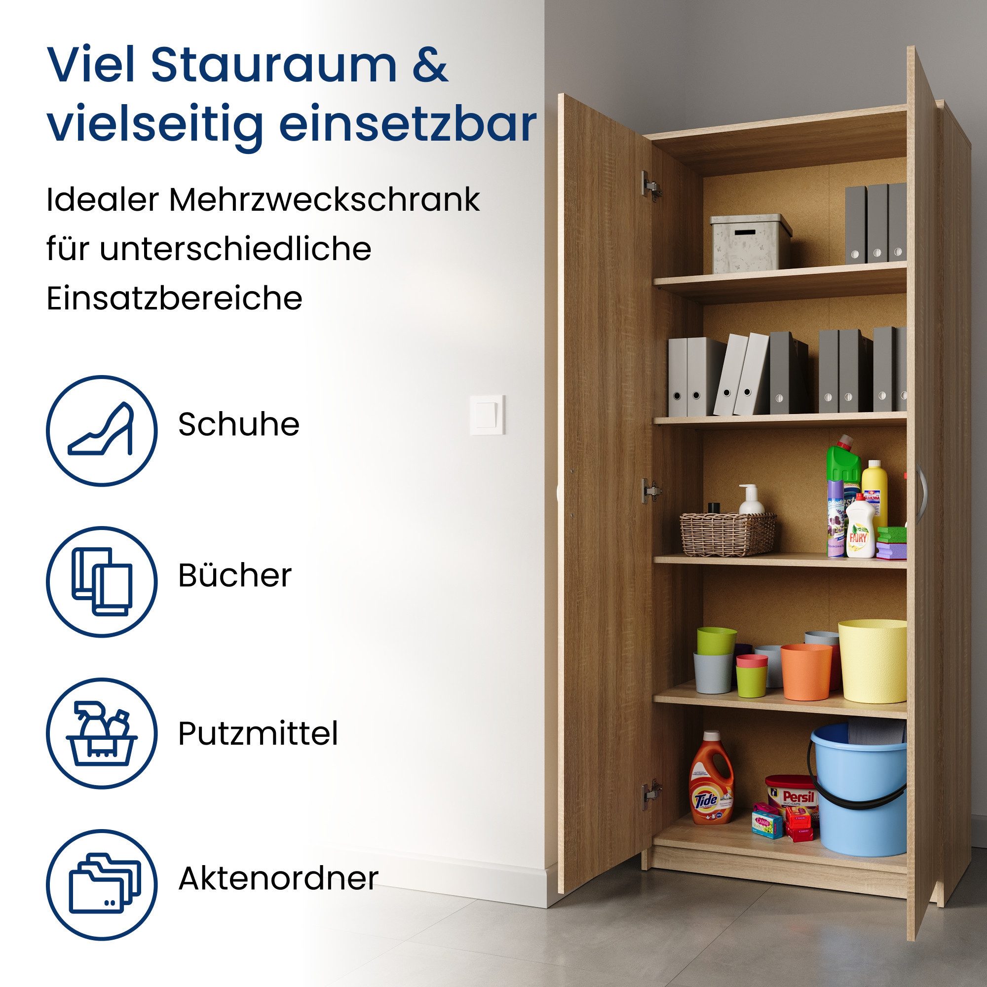 Home Collective Mehrzweckschrank Schrank Aktenschrank Hochschrank Mehrzweckschrank 2-türig 5 Fächer (74 cm breit aus Laminatplatte und hochwertigen Polymergriffen) robust & vielseitig viel Stauraum 74x35x180 (BxTxH) sonoma