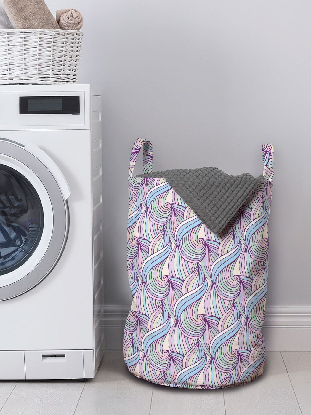 Pastellton Waves mit Wäschesäckchen Doodle für Waschsalons, Kordelzugverschluss Abstrakt Griffen Wäschekorb Abakuhaus