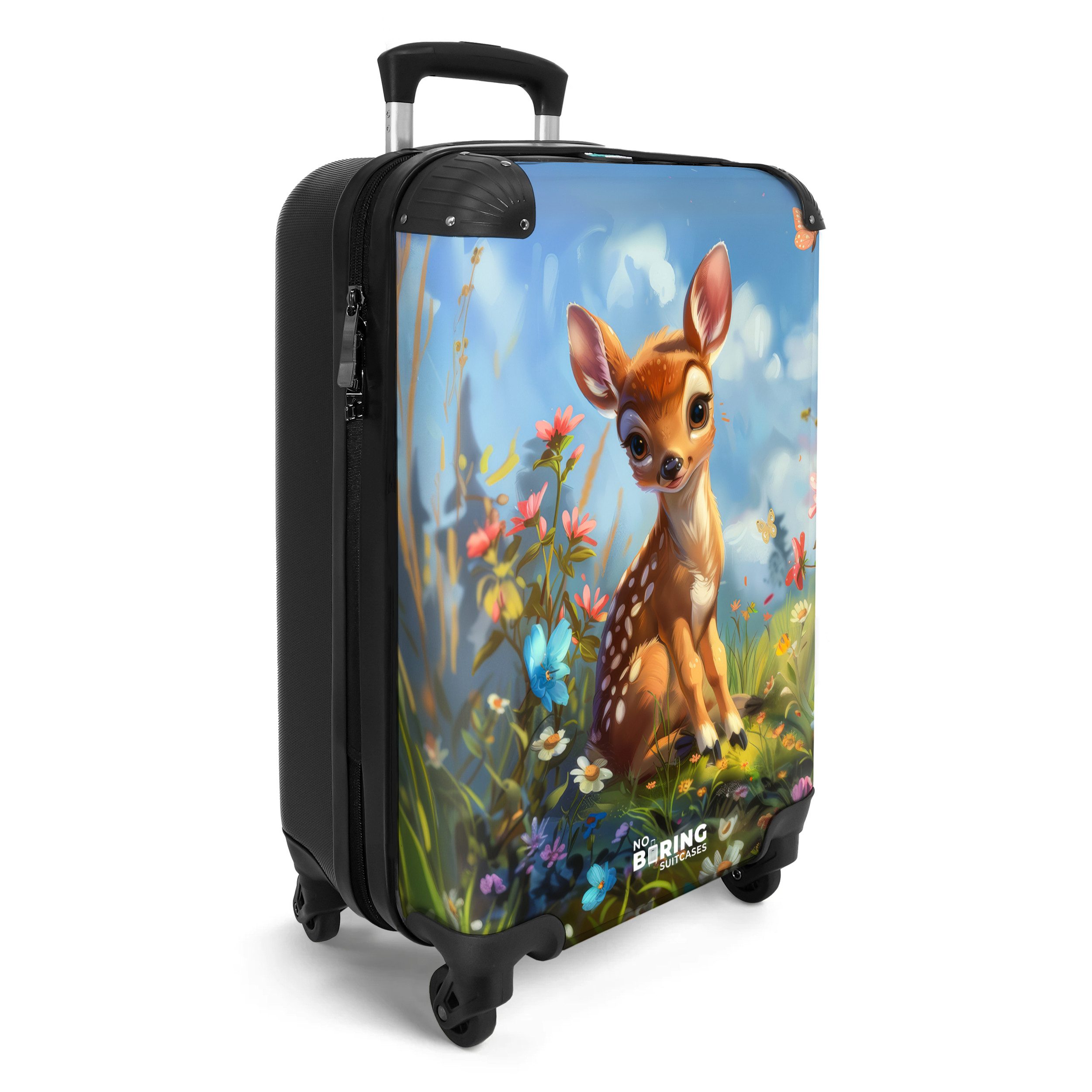 NoBoringSuitcases.com© Kinderkoffer Junges Reh sitzt inmitten von Blumen und Schmetterlingen 55x35x20cm, Kinder Koffer Klein, Trolley Handgepäck, Reisekoffer