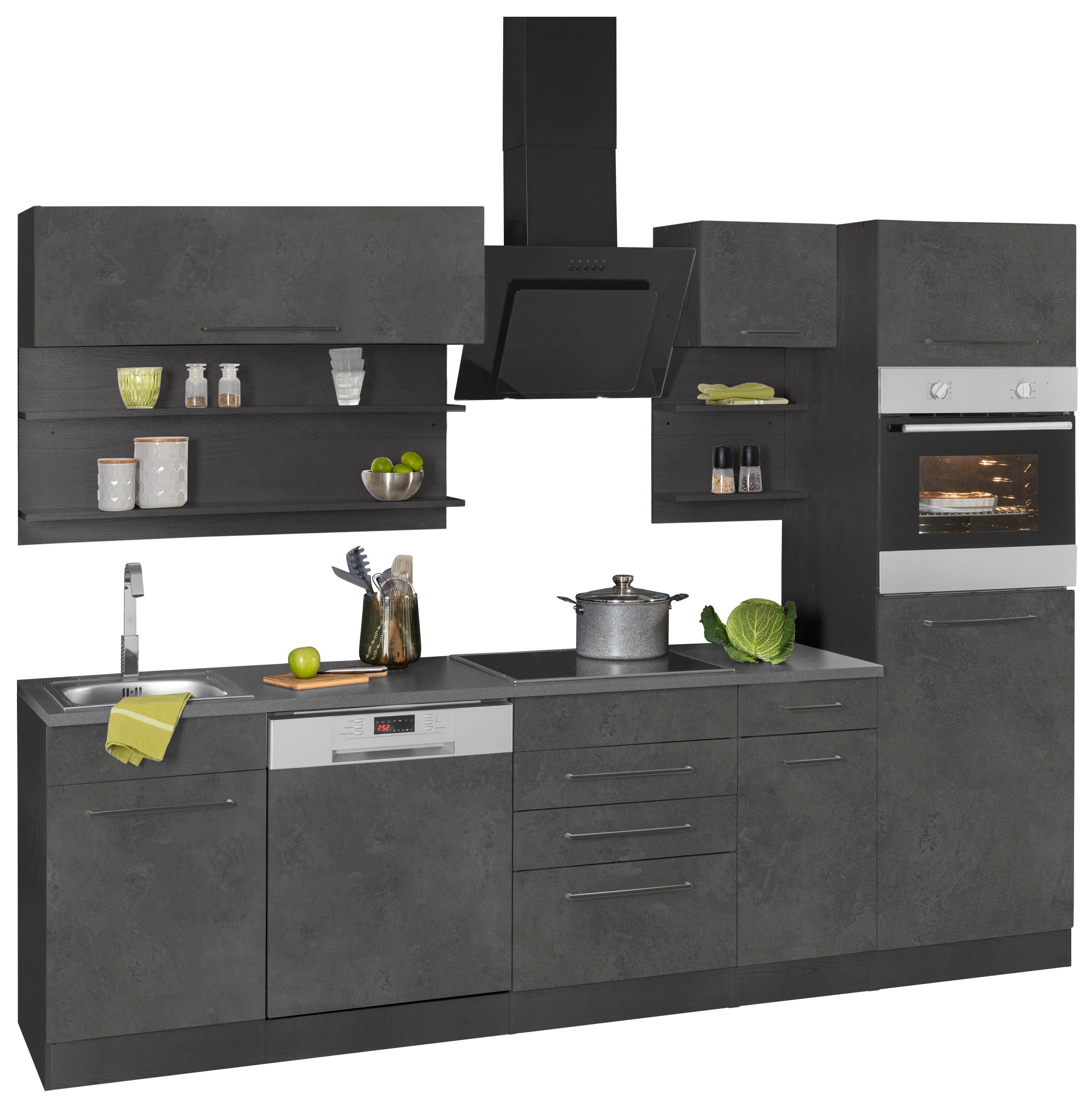 KOCHSTATION Küchenzeile KS-Tulsa, mit E-Geräten, Breite 270 cm, schwarze Metallgriffe, MDF Fronten