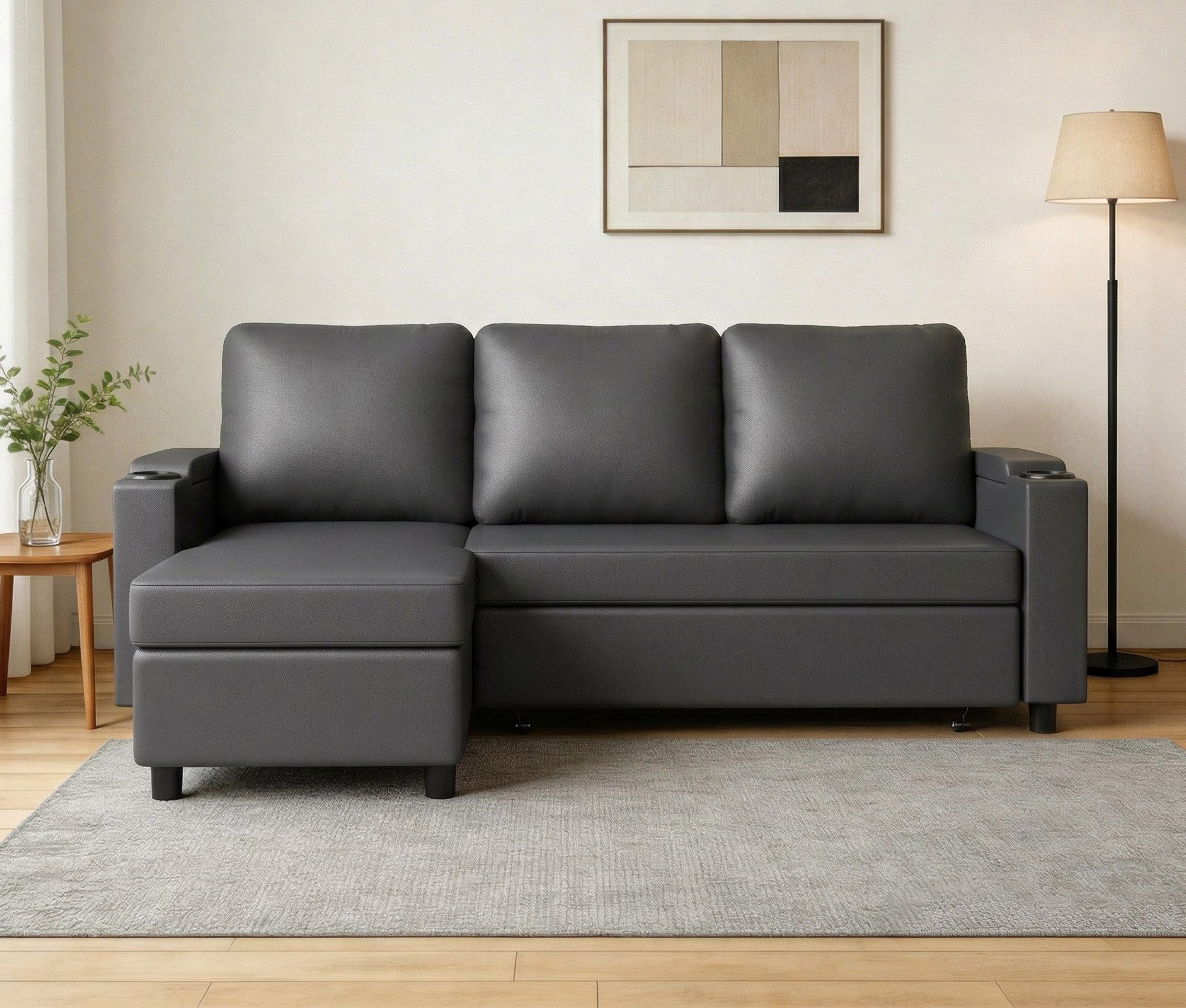 HOMALL Sofa Bequemes Eck-Schlafsofa, mit Schlaffunktion und Bettkasten,Becherhaltern