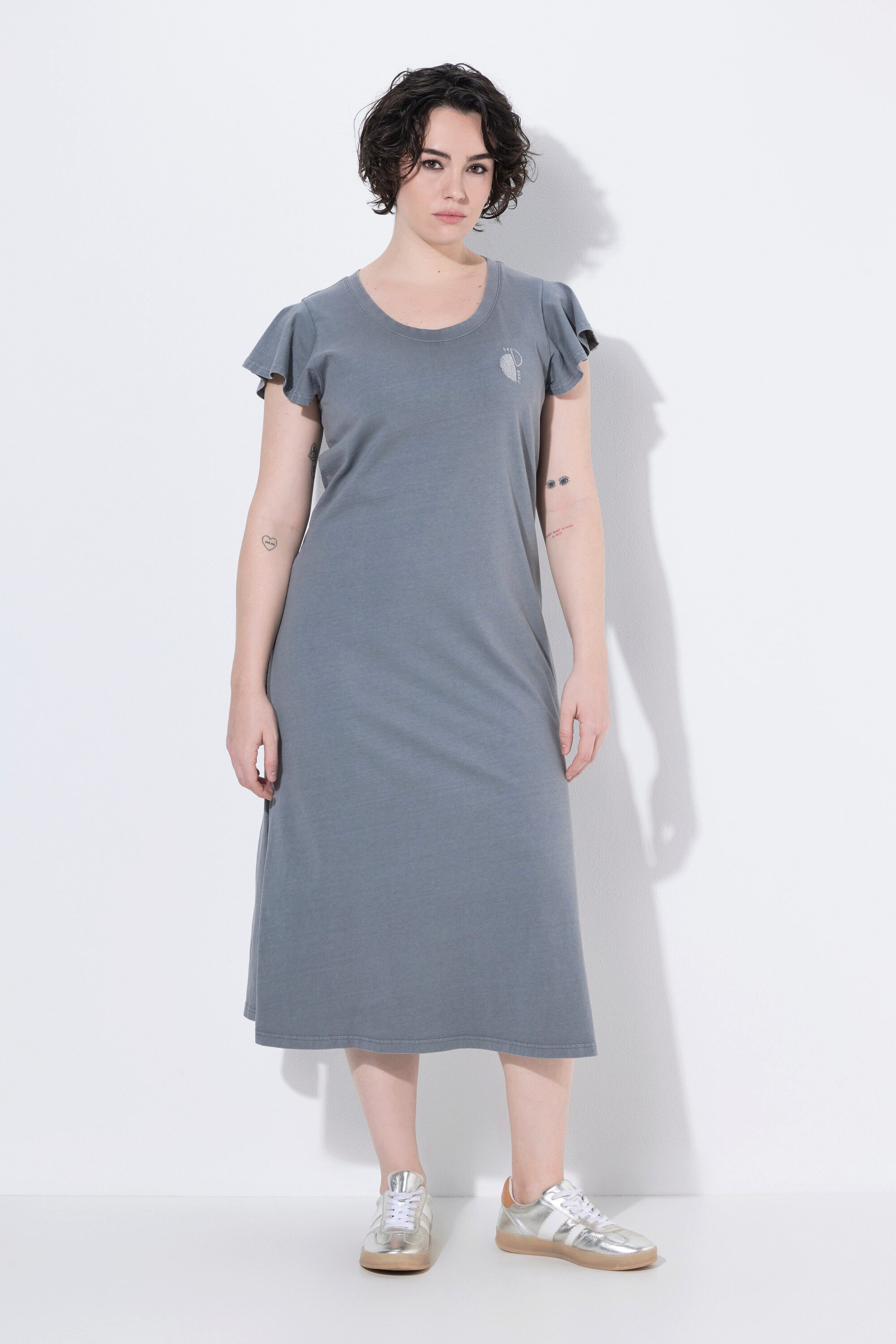 Ulla Popken Maxikleid Maxikleid Stickerei A-Linie Rundhals Volantärmel