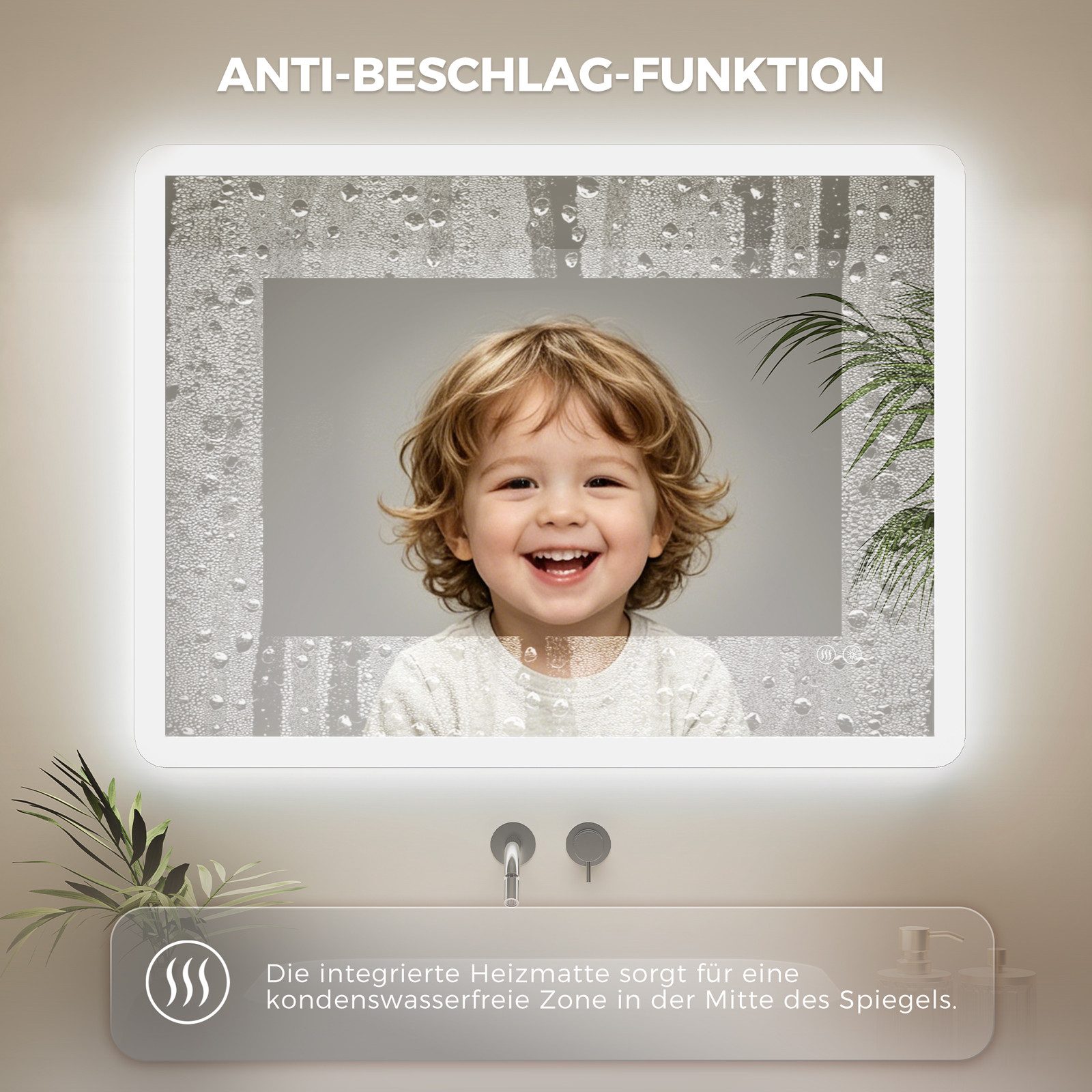 IMPTS Badspiegel mit LED Beleuchtung Badezimmerspiegel rahmenlos Rechteckig Wandspiegel (Vertikal und Horizontal möglich, IP44, Beschlagfrei, 3 Farben des Licht – Bild 3 von 5