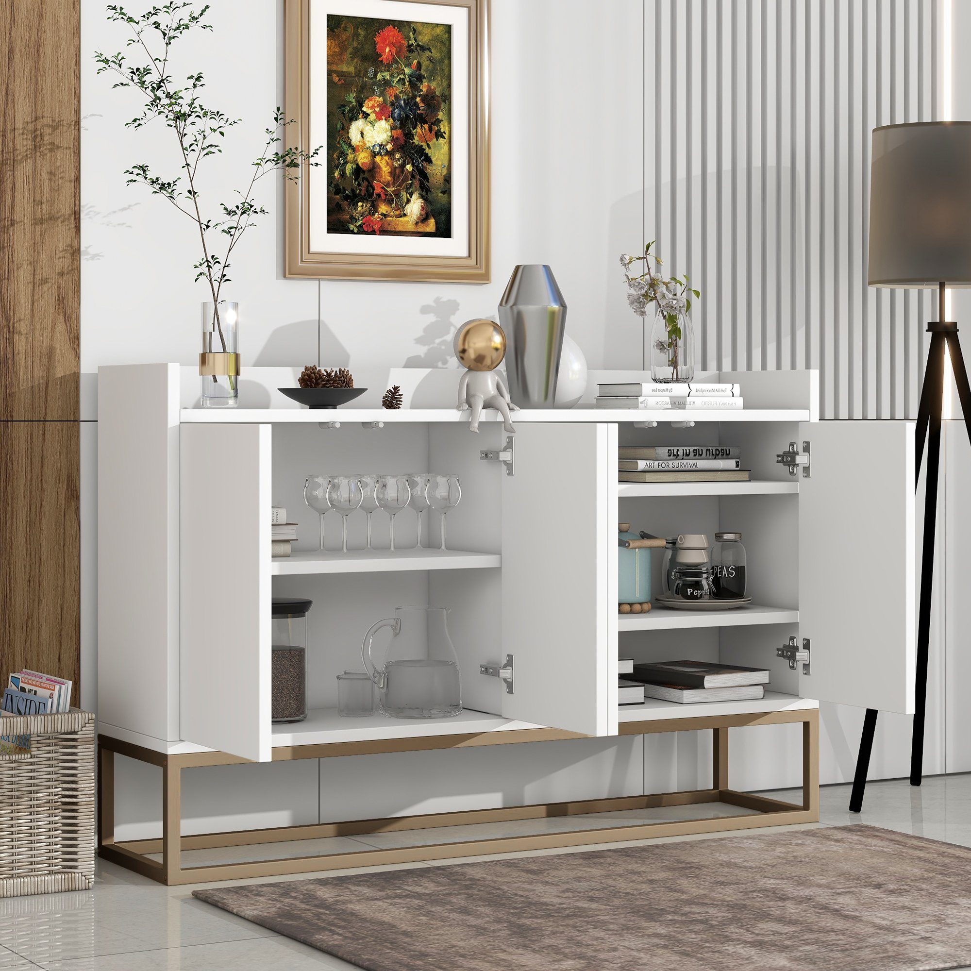 OKWISH Sideboard Anrichte, Modernes Küchenschrank im minimalistischen Stil 4-türiger (griffloser Buffetschrank für Esszimmer, Wohnzimmer, Küche) weiß