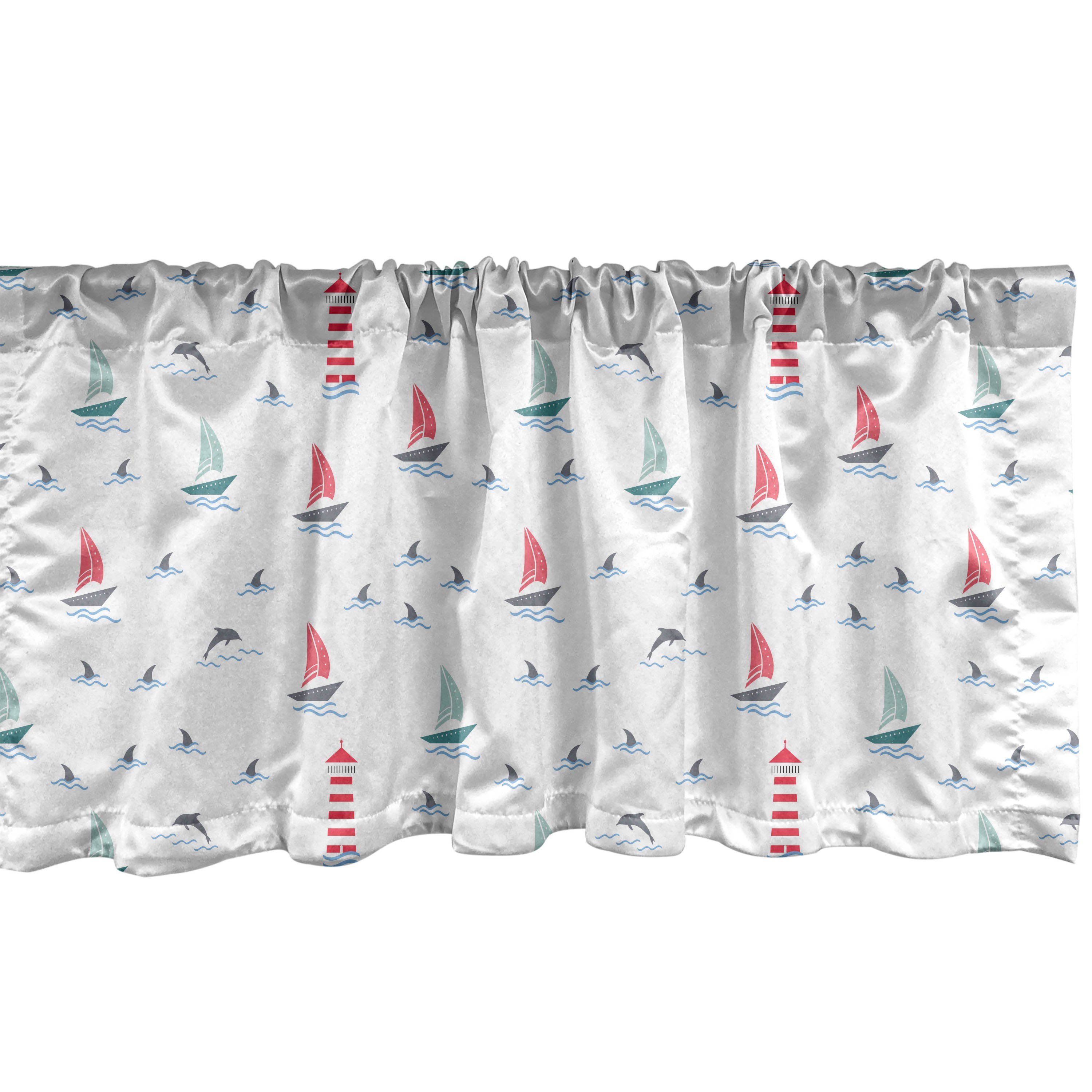 Scheibengardine Vorhang Volant für Küche Schlafzimmer Dekor mit Stangentasche, Abakuhaus, Microfaser, Nautisch Marine Leuchtturm Dolphins