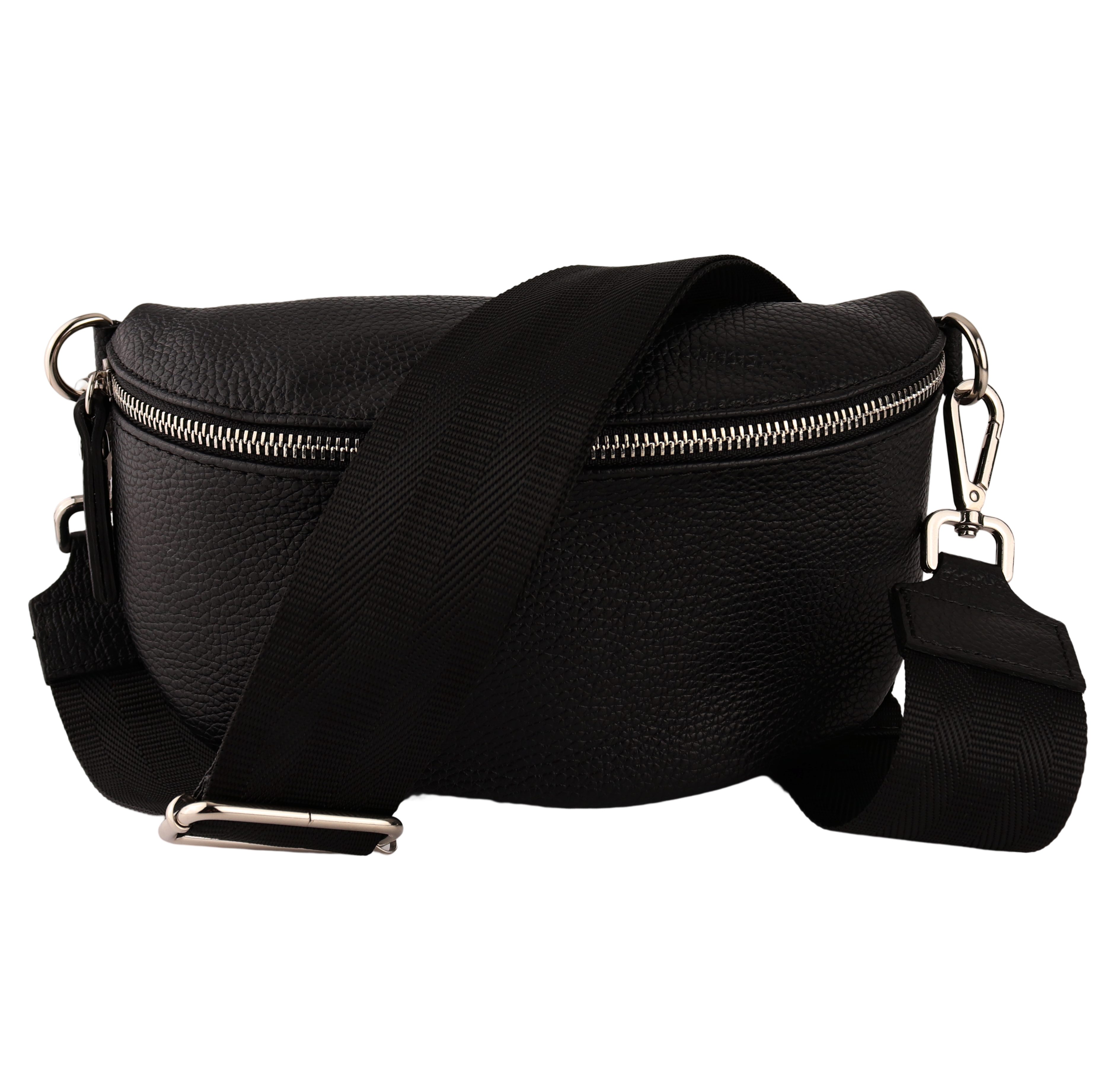 MIRROSI Bauchtasche Damen, Echtleder, Made in Italy, Umhängetasche, Brusttasche, (Schultertasche für jeden Anlass (1 Tasche & 2 Gurte), Crossbody Bag, Schwarz, gemusterten& verstellbaren Schulterriemen