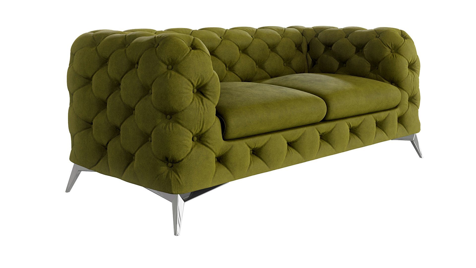 S-Style Möbel 2-Sitzer Chesterfield Sofa Kalina mit Silber Metall Füßen, mit Wellenfederung Olive