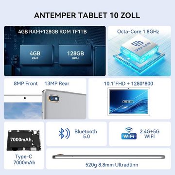 ANTEMPER 2024 Neueste Tablet und Tastaturhülle im Bundle Tablet (10", 128 GB, Android 12, Mit 5G+2.4G WLAN, 1,8 Ghz 8 Core GMS Certified Tablets mit Stift)