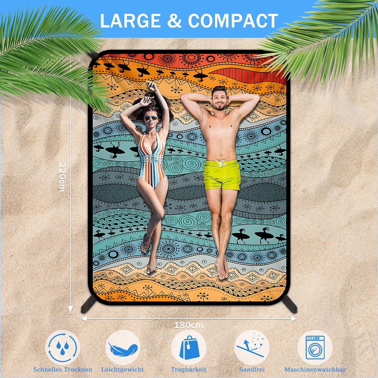 Picknickdecke Stranddecke Sandfrei - 180x220 cm Strapazierfähiges Picknickdecke, Agger, Kompakt Waschbar Strandmatte für Strand, Wandern, Reisen