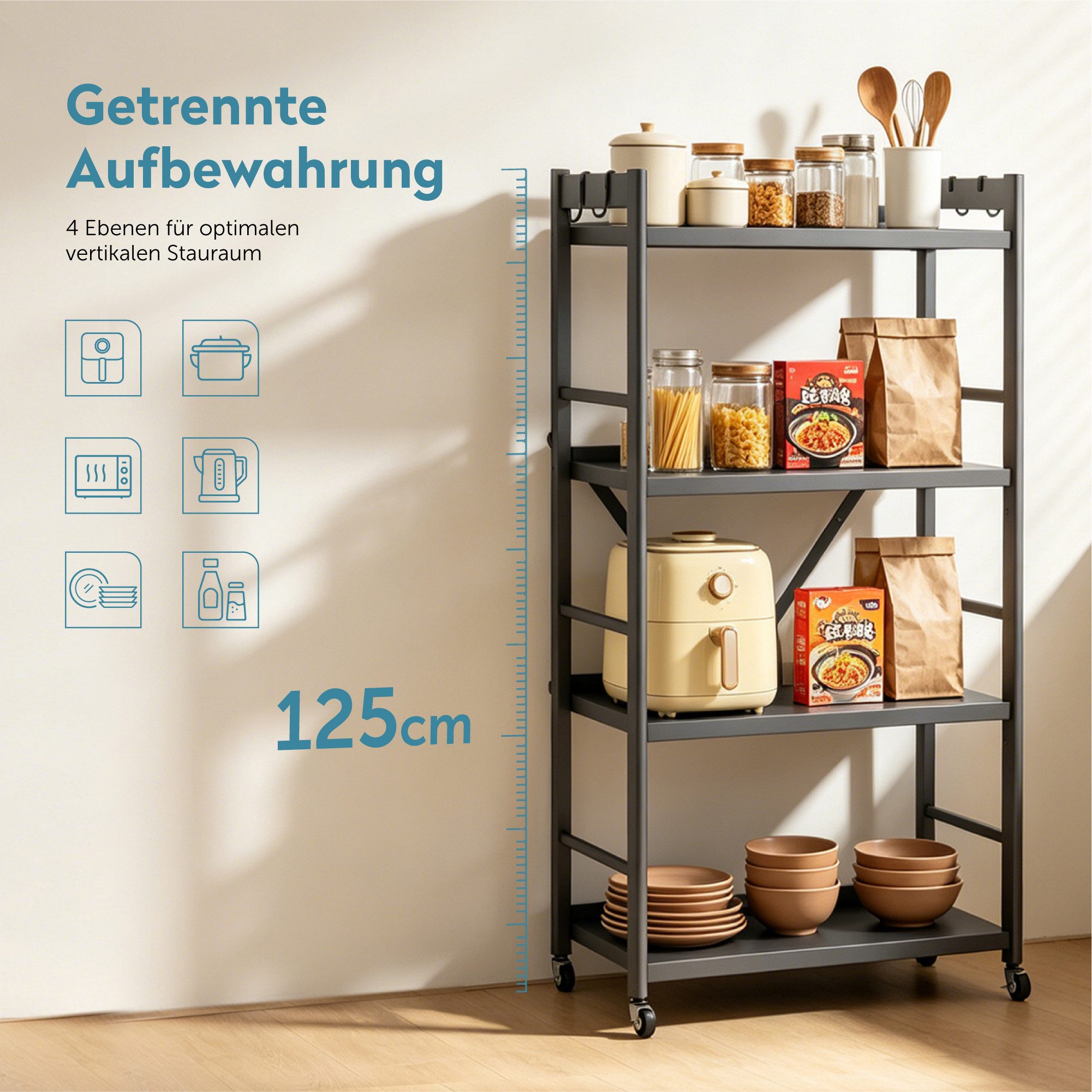 doporro Küchenregal Küchenorganizer mit 4 Ebenen aus verzinktem Stahl 60x41x125cm Reglo-13, Faltbar und flexibel einsetzbar – Bild 4 von 5