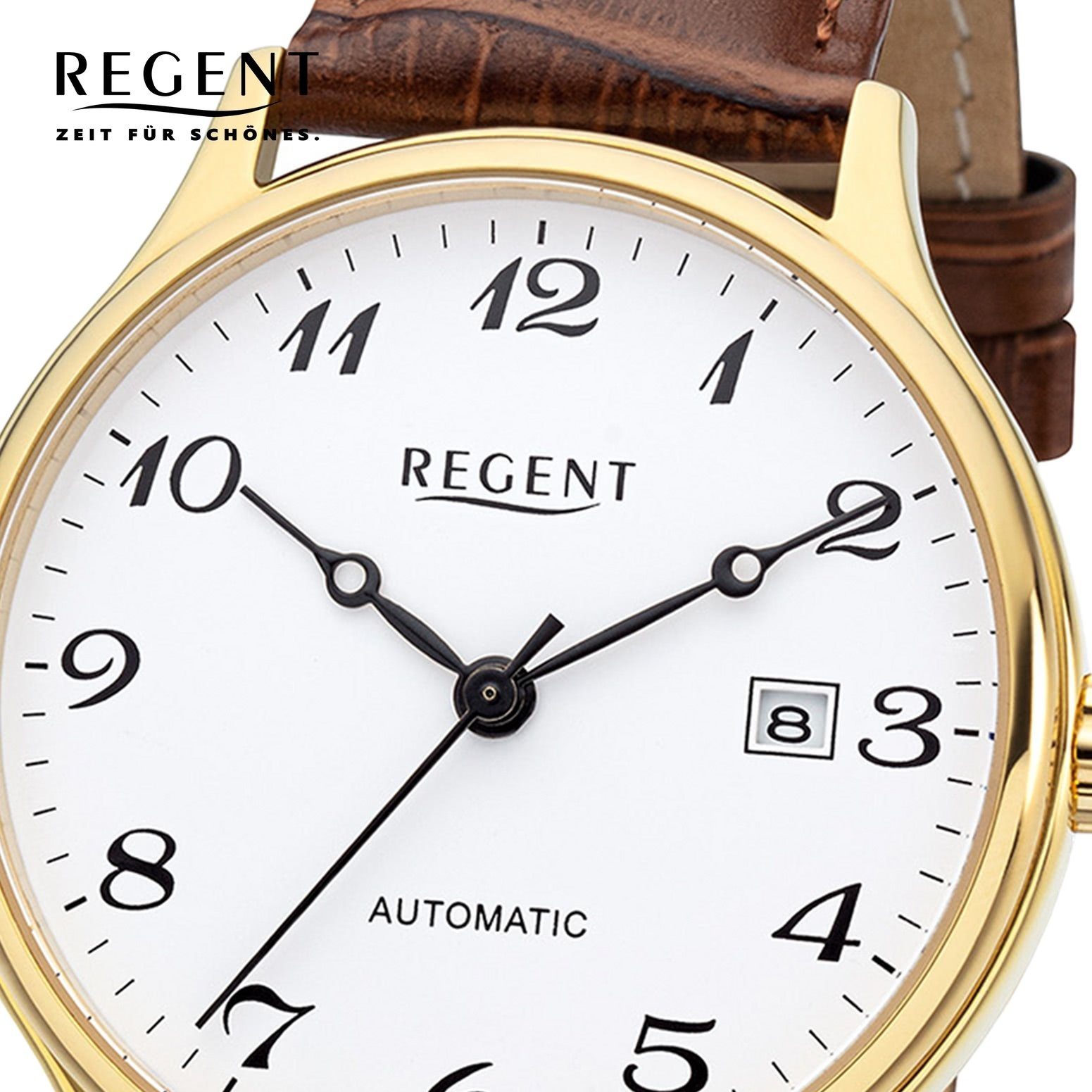Regent Automatikuhr Regent Herren Armbanduhr Analoganzeige, (Analoguhr), Herren Armbanduhr rund, groß (ca. 40mm), Lederbandarmband