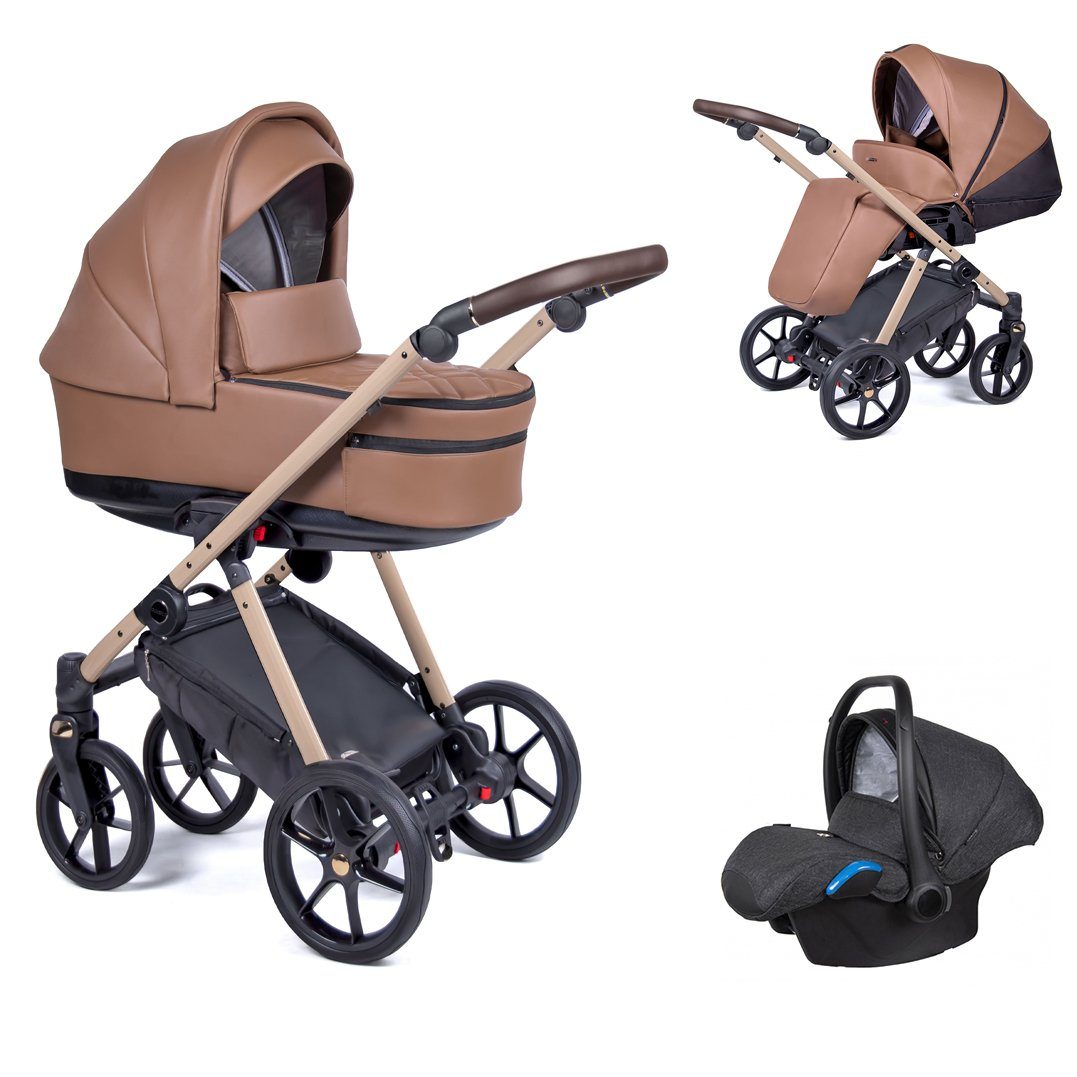 babies-on-wheels Kombi-Kinderwagen 3 in 1 Kinderwagen-Set Axxis Premium - 15 Teile - in 12 Designs Braun = Gestell beige