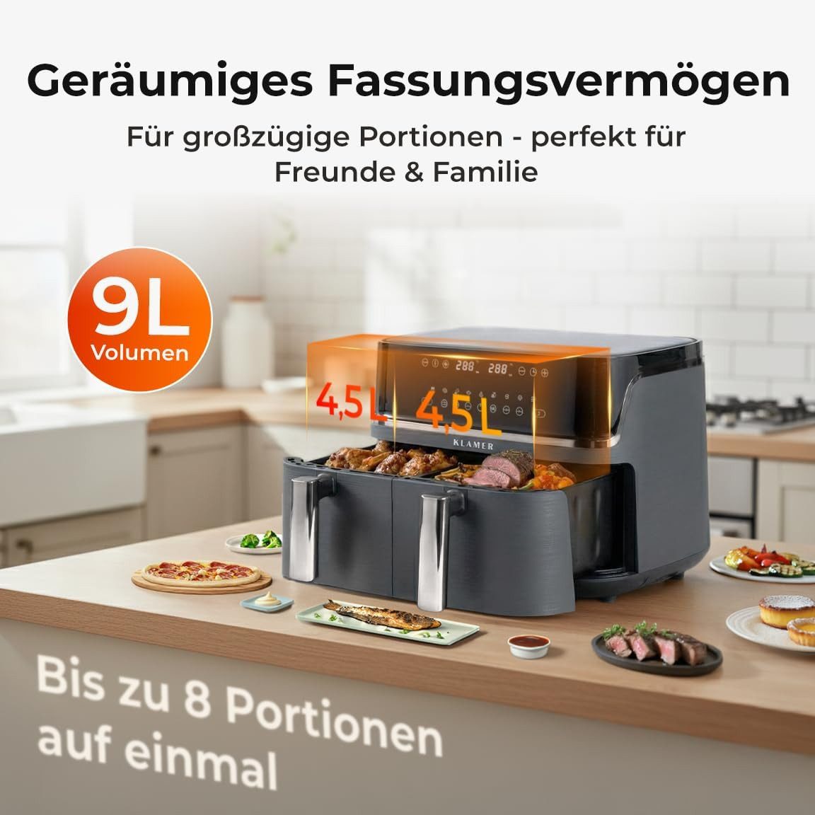 KLAMER Heißluftfritteuse Heißluftfritteuse Duo 9 L – Doppelkammer Airfryer mit 2 Körben, 3000 W, Zwei separate Fächer, Smart-Funktionen, Mehrere Programme & Steuerung
