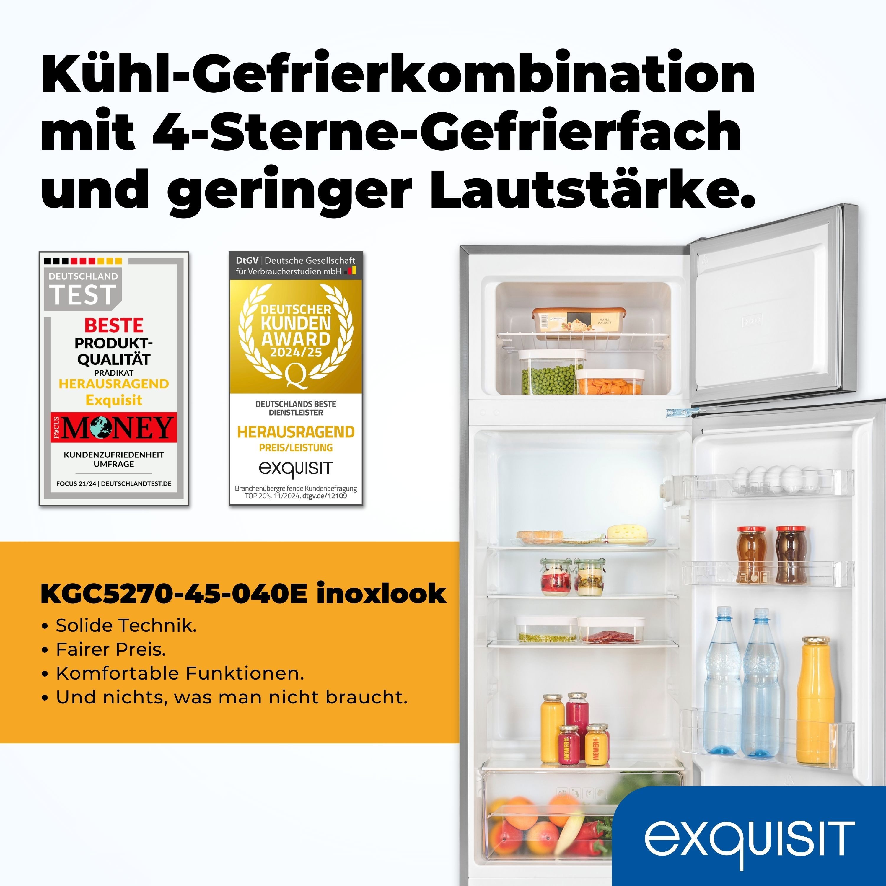 exquisit Kühl-/Gefrierkombination KGC5270-45-040E, 143 cm hoch, 55 cm breit, 4-Sterne-Gefrierfach, kompakt, effizient