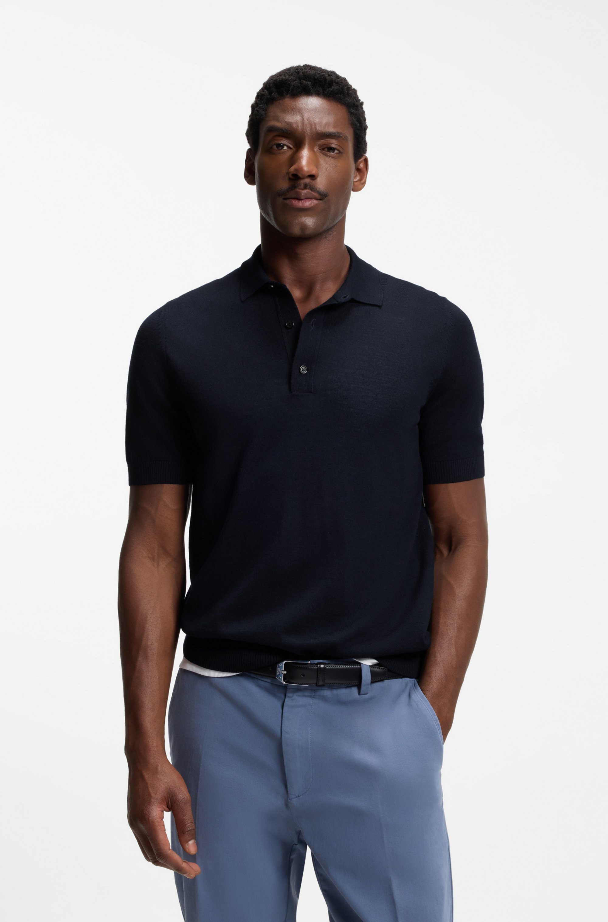 BOSS Kurzarmpullover Nolano aus Schurwolle, Polokragen