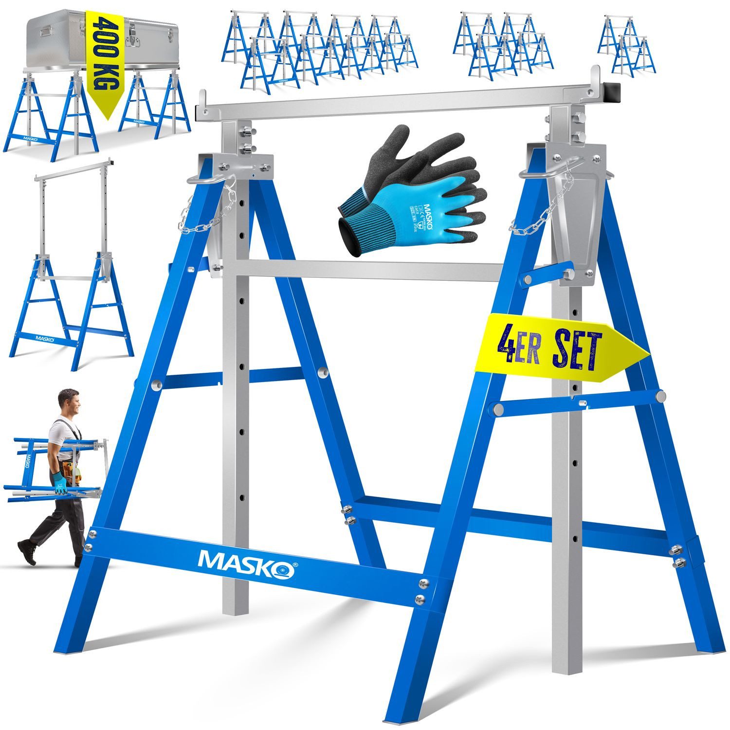 MASKO Klappbock Teleskop-Arbeitsbock Untergestell Sägebock max. Belastbarkeit 200 kg, (4-St., Gerüstbock inkl. Handschuhe), Unterstellbock höhenverstellbar Min. / Max. Arbeitshöhe 800-1300 mm