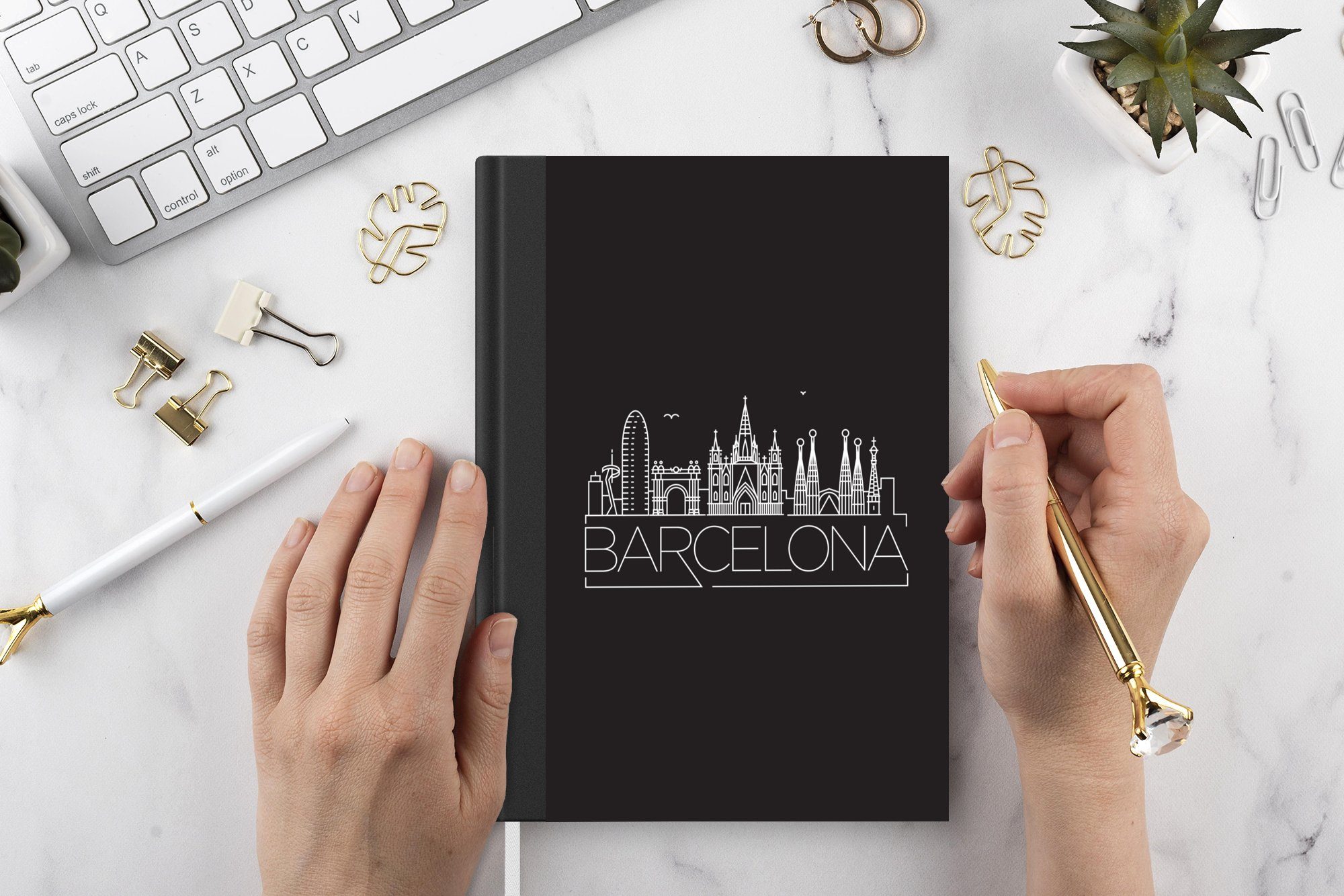 "Barcelona" Merkzettel, Journal, schwarz, 98 Notizheft, MuchoWow Notizbuch Haushaltsbuch A5, Skyline Tagebuch, Seiten,