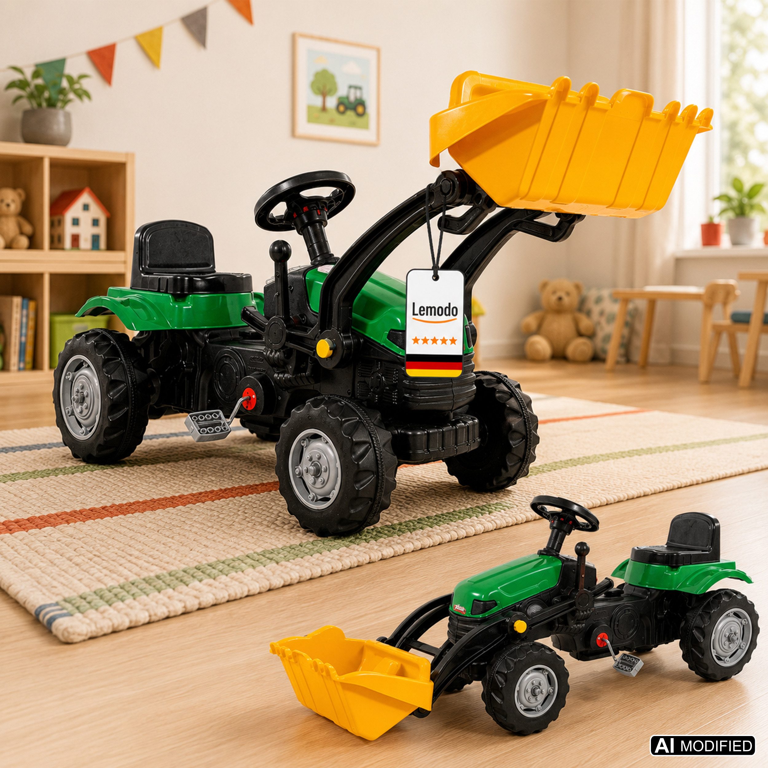 Lemodo Trettraktor Kindertraktor mit Schaufel und Hupe, Trettrecker in gelb