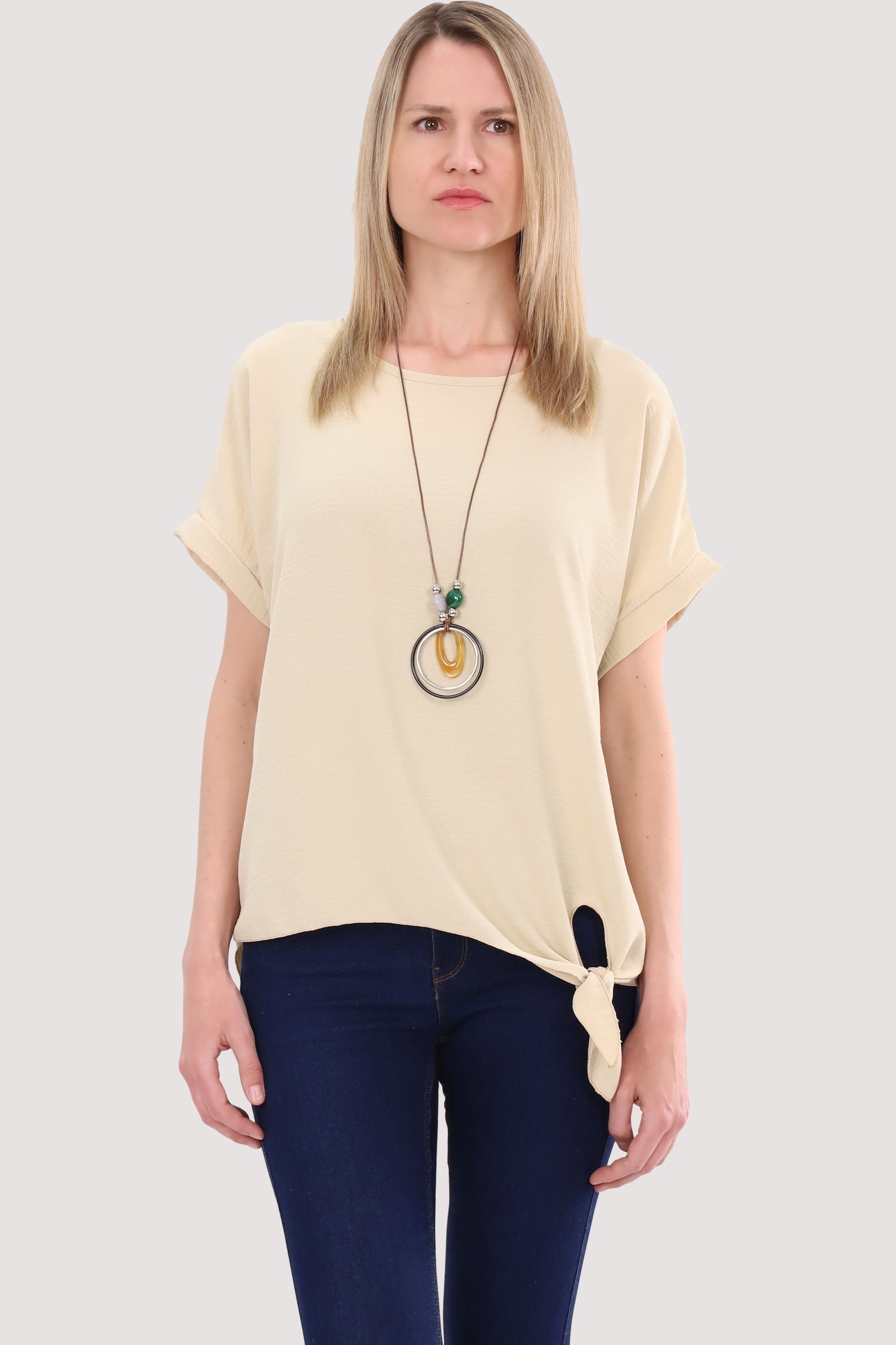 malito more than fashion Blusenshirt 10508 mit Bindeknoten und Kette Einheitsgröße beige