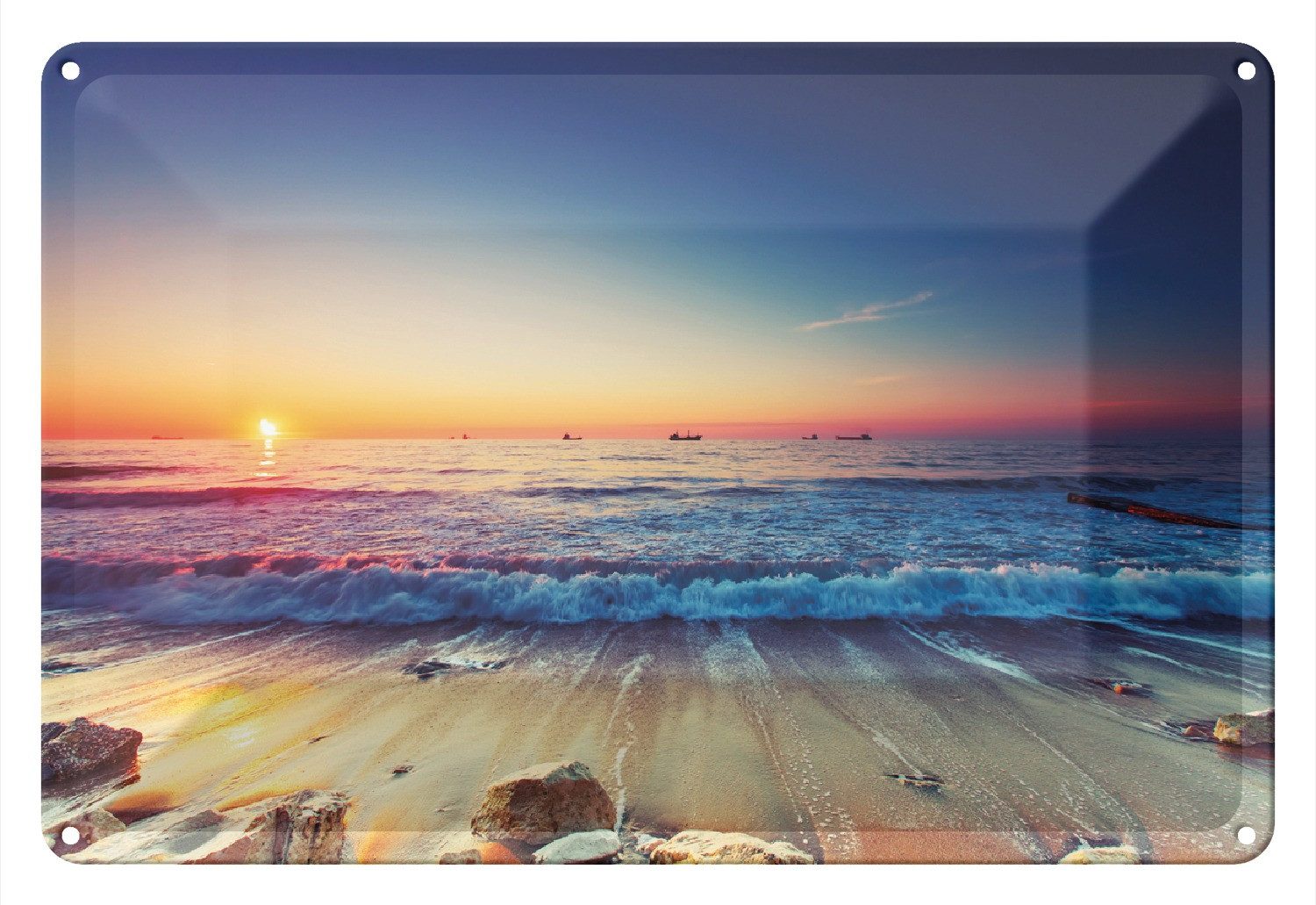 Wallario Metallbild, Sonnenuntergang am Meer mit Wellen am Strand, in verschiedenen Ausführungen