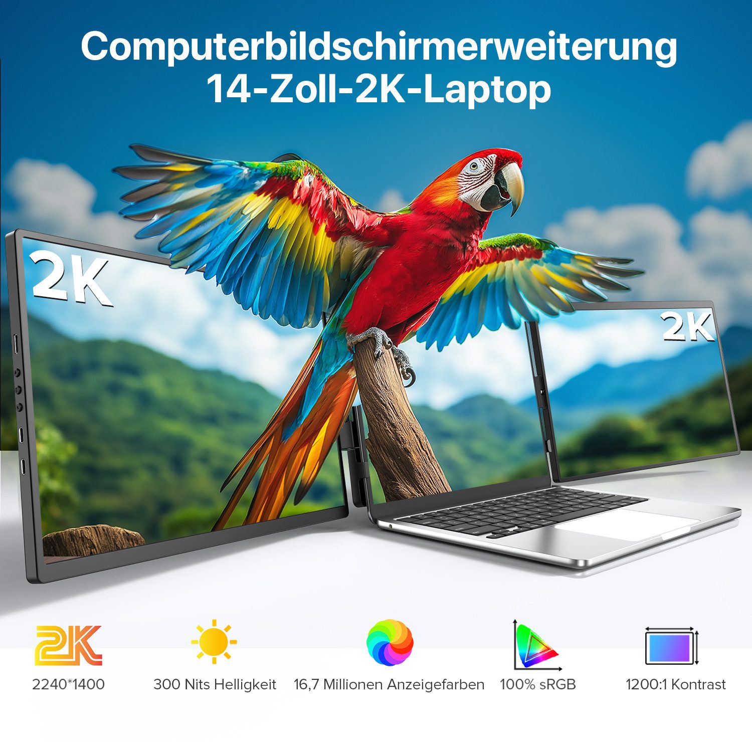 UPERFECT 2K-Dual-Screen-Laptop-Bildschirm-Extender, Tragbarer Monitor Portabler Monitor (35,56 cm/14 ", 2240x1400 px, QHD, 60 Hz, IPS)