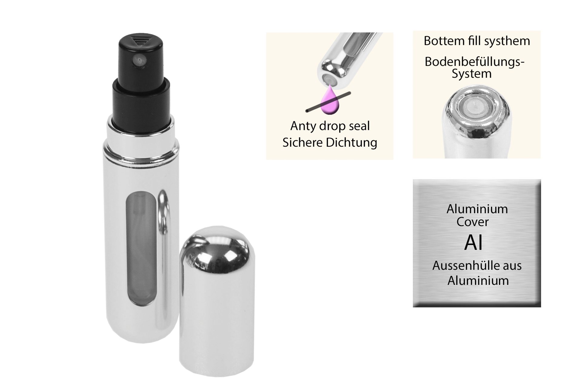 Fantasia Beauty Parfümzerstäuber Taschenzerstäuber, silber glänzend, für 5 ml, mit Füllautomatik (1 St), Füllautomatik, Sichtfenster, Aluminium