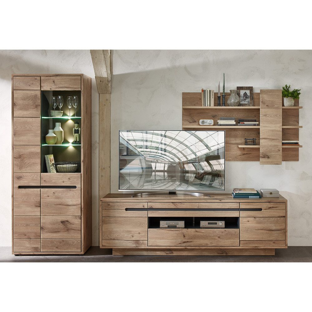 Lomadox Wohnzimmer-Set BURNHAM-36, (Mega-Spar-Set, 3-St., 3-tlg), inkl. LED-Beleuchtung in Eiche Nb. mit graphit Nb., 322/202/44 cm