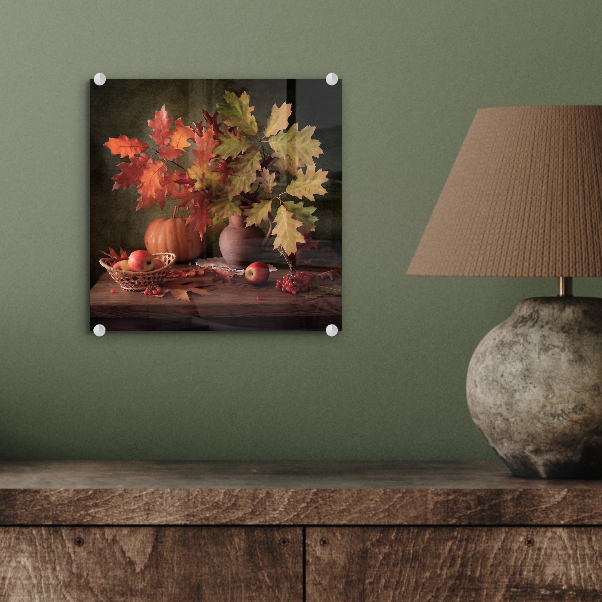 - Kirsche - Glas Wanddekoration - MuchoWow - auf St), Kürbis bunt - - auf Glas - Herbst, (1 - Apfel Acrylglasbild Blätter Stilleben Glasbilder Foto Bilder Wandbild