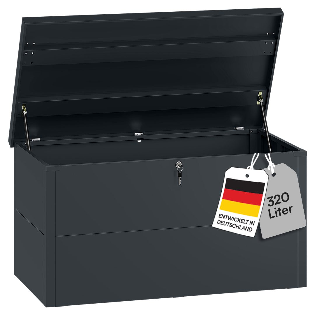 STEELSØN Auflagenbox Icarus aus Metall, abschließbar, Outdoor Kissenbox (Anthrazit, 320L), Gartenbox wetterfest, 105x65x63 cm, auch für 520L verfügbar