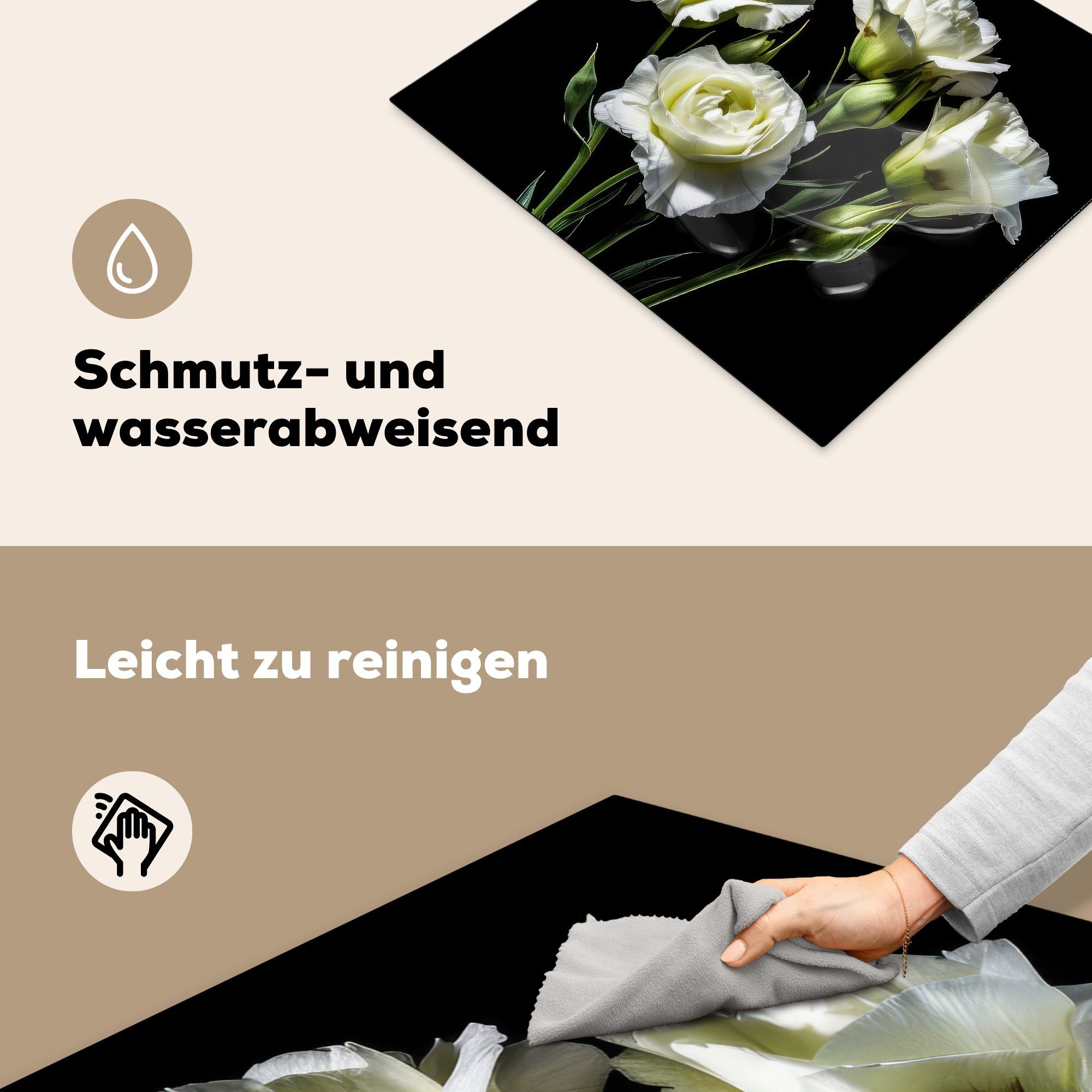 nutzbar, MuchoWow Herdblende-/Abdeckplatte Vinyl, - Schwarz, Mobile Weiß 60x52 Botanisch Ceranfeldabdeckung tlg), (1 - Arbeitsfläche - cm, - Rosen Blumen